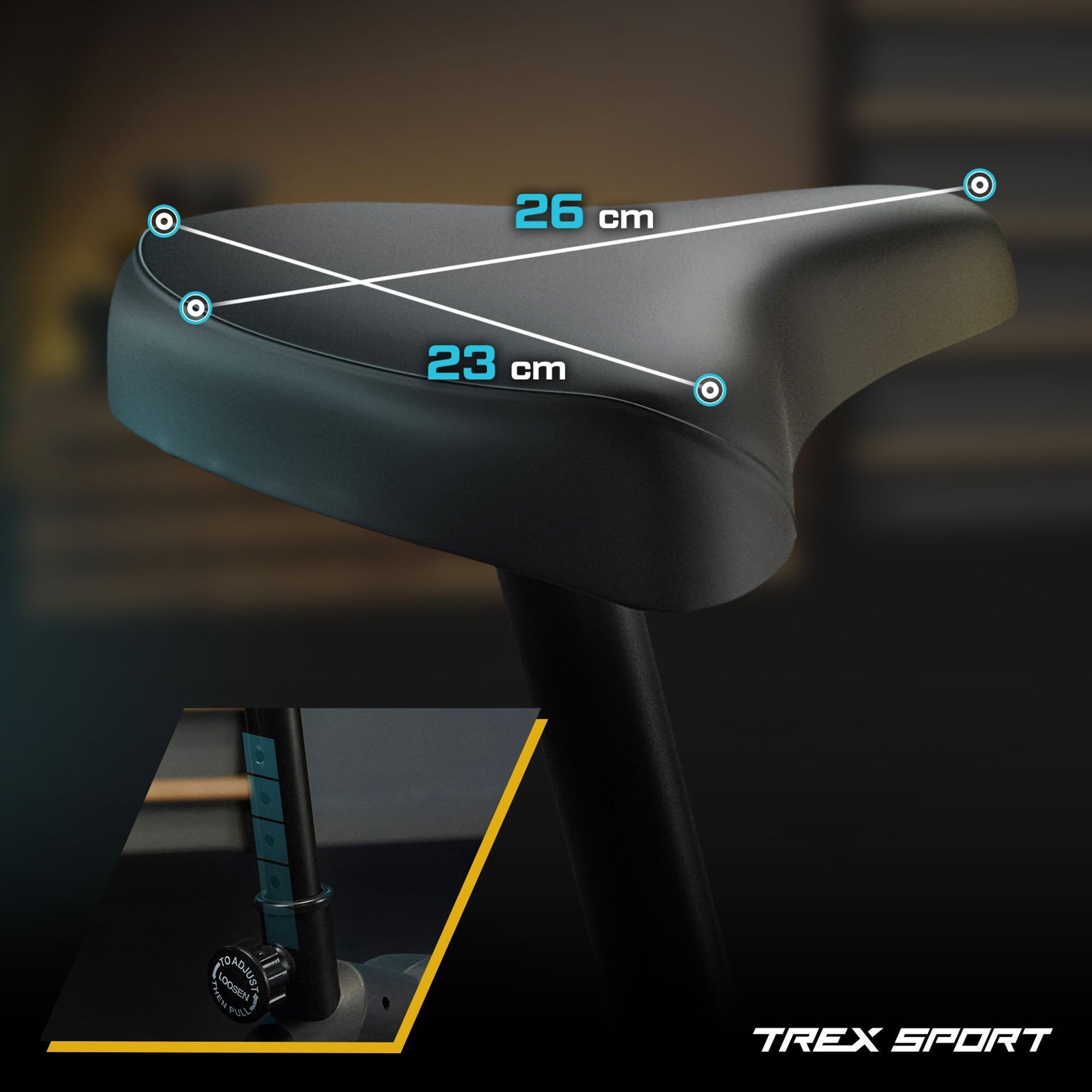 Zdjęcie przedstawia siodełko roweru stacjonarnego z wymiarami 26 cm i 23 cm oraz fragment mechanizmu regulacji wysokości. W prawym dolnym rogu widoczny jest napis \'TREX SPORT\'.