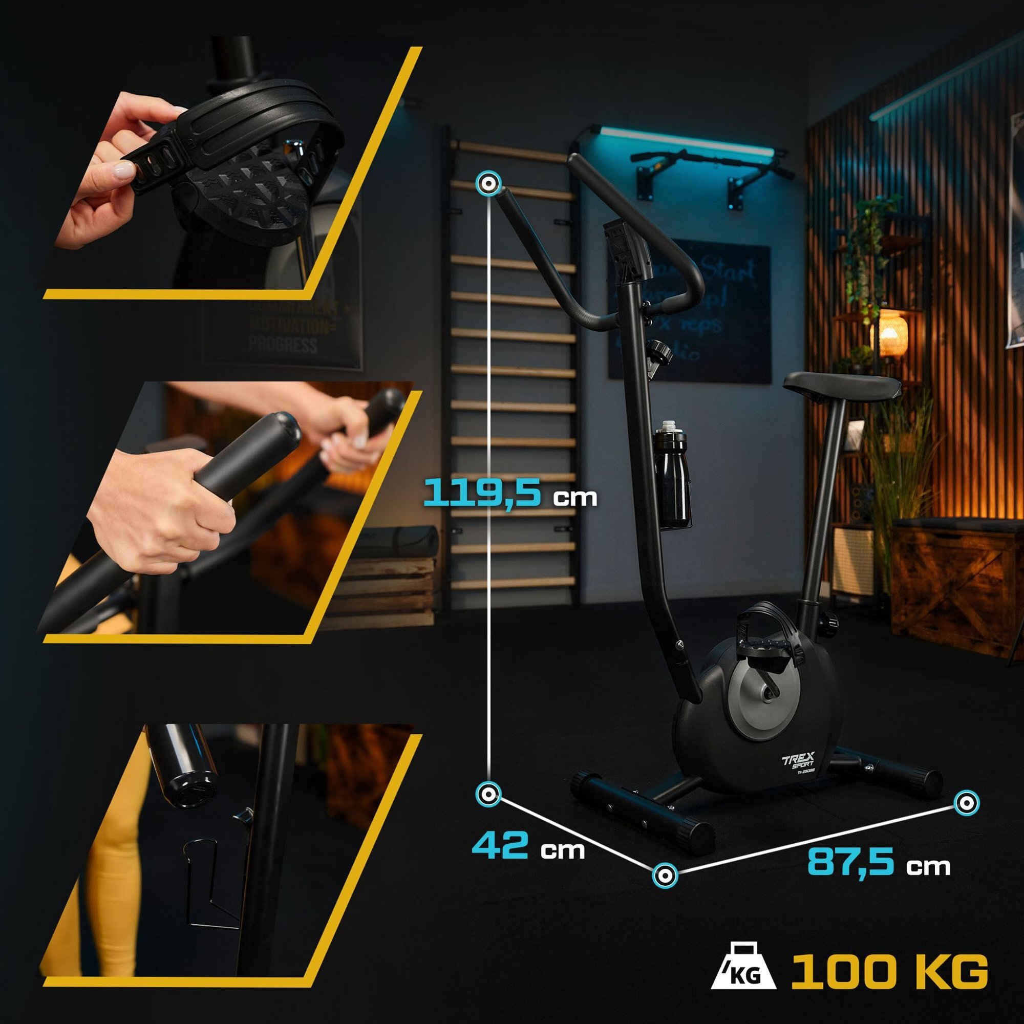 Obraz przedstawia czarny rower stacjonarny z oznaczeniami wymiarów: 119,5 cm wysokości, 42 cm szerokości i 87,5 cm długości. Widoczne są również detale takie jak pedały, uchwyty i regulacja siodełka, a maksymalne obciążenie to 100 kg.