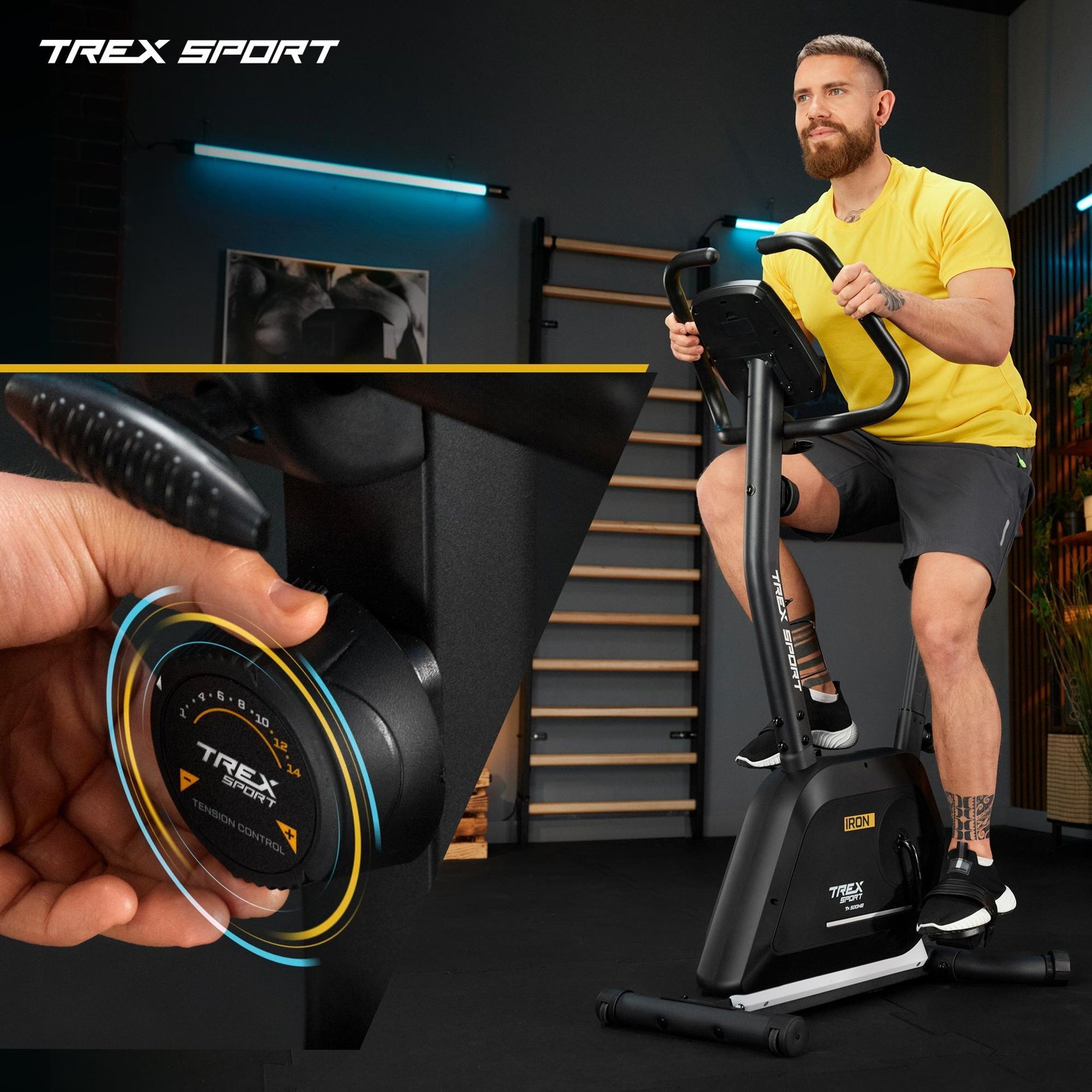 Osoba ćwiczy na czarnym rowerze stacjonarnym z logo \'TREX SPORT\' i \'IRON\'. W zbliżeniu widoczna jest ręka regulująca pokrętło z napisem \'TENSION CONTROL\'.