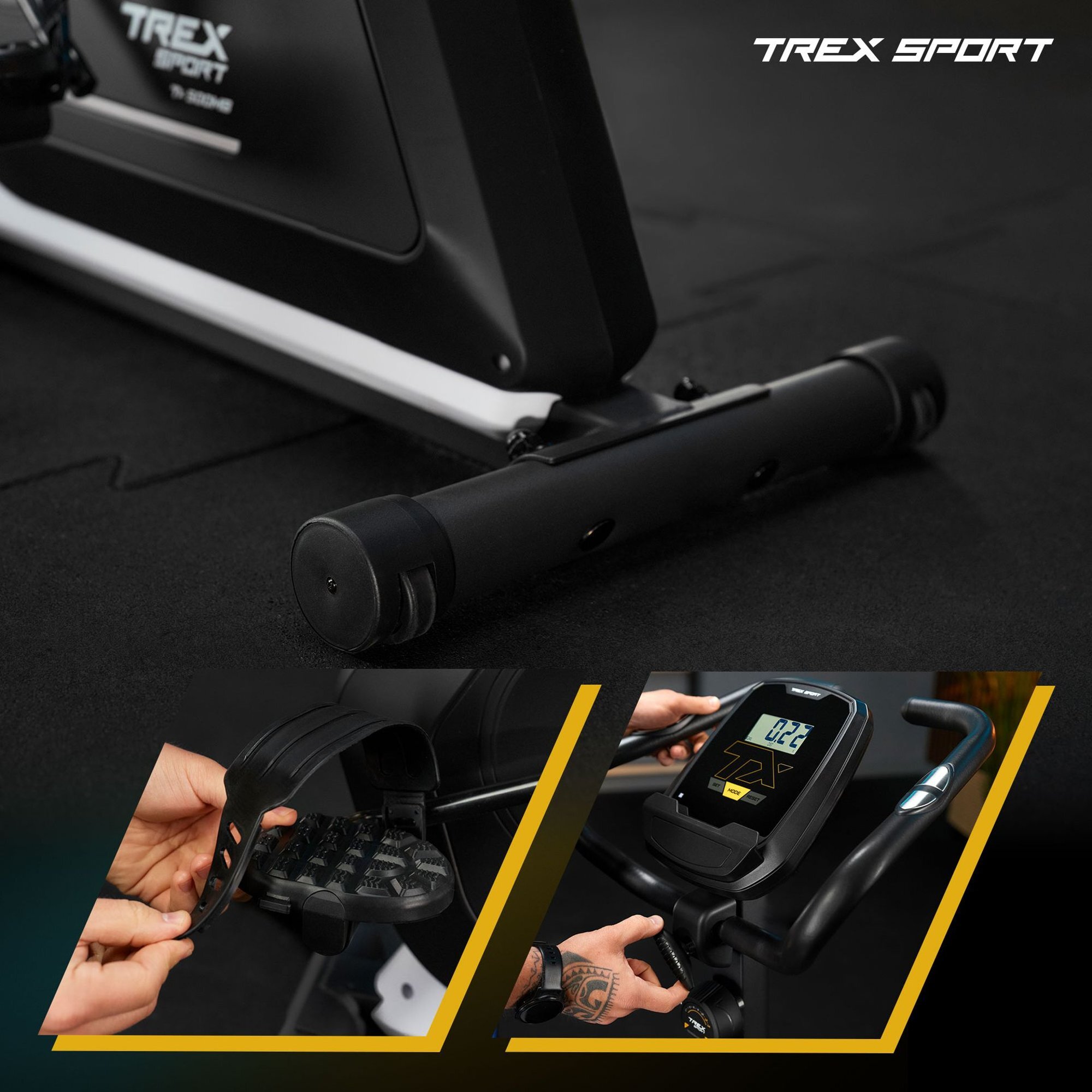 Obraz przedstawia czarny rower stacjonarny z logo \'TREX SPORT\' na ramie. W dolnej części widoczne są zbliżenia na pedał z paskiem oraz panel sterujący z wyświetlaczem pokazującym \'12.2\'.