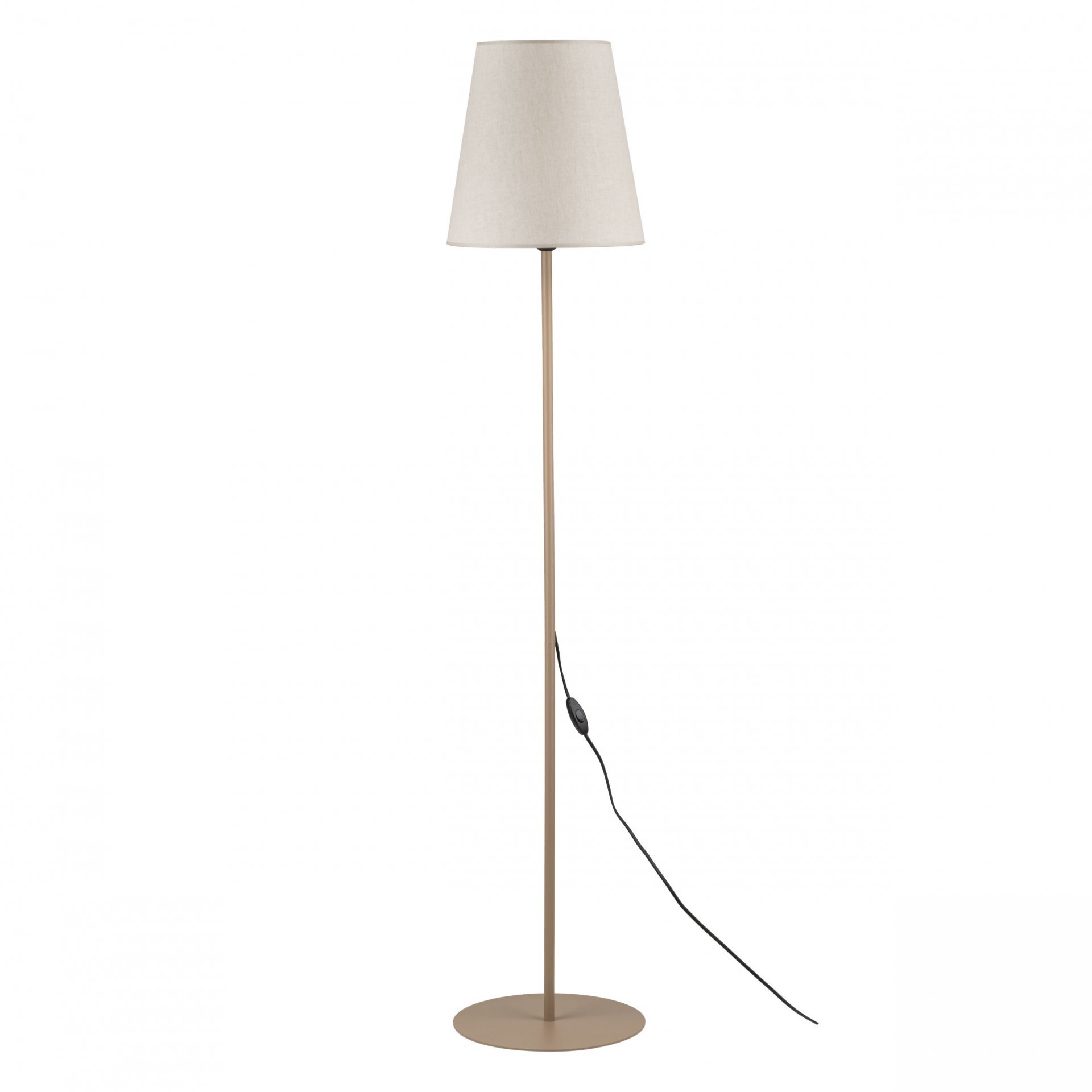 Lampa podłogowa z beżowym, lnianym kloszem i metalową podstawą. Posiada czarny przewód z włącznikiem.