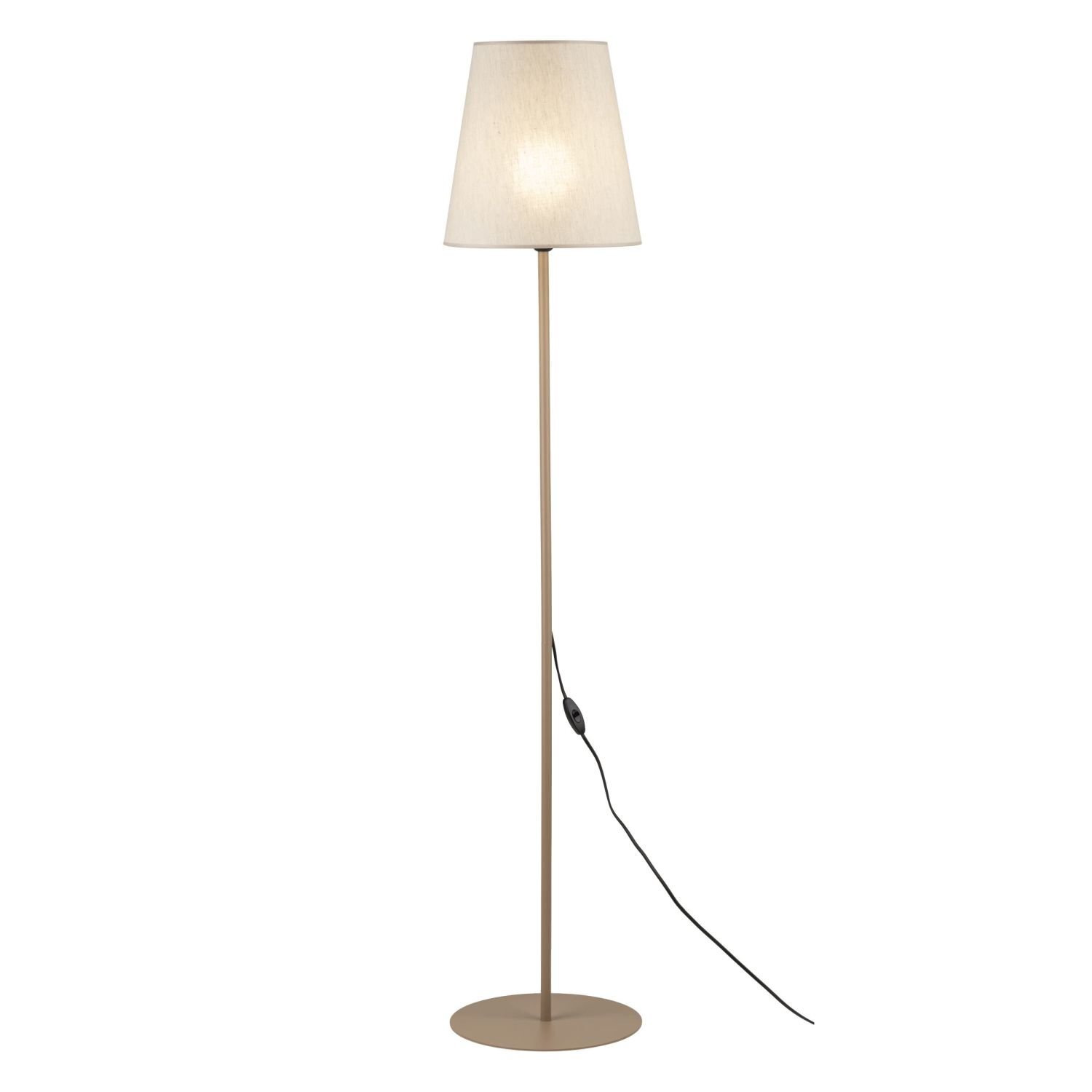 Beżowa lampa podłogowa z lnianym kloszem i metalową podstawą. Posiada czarny przewód z włącznikiem.