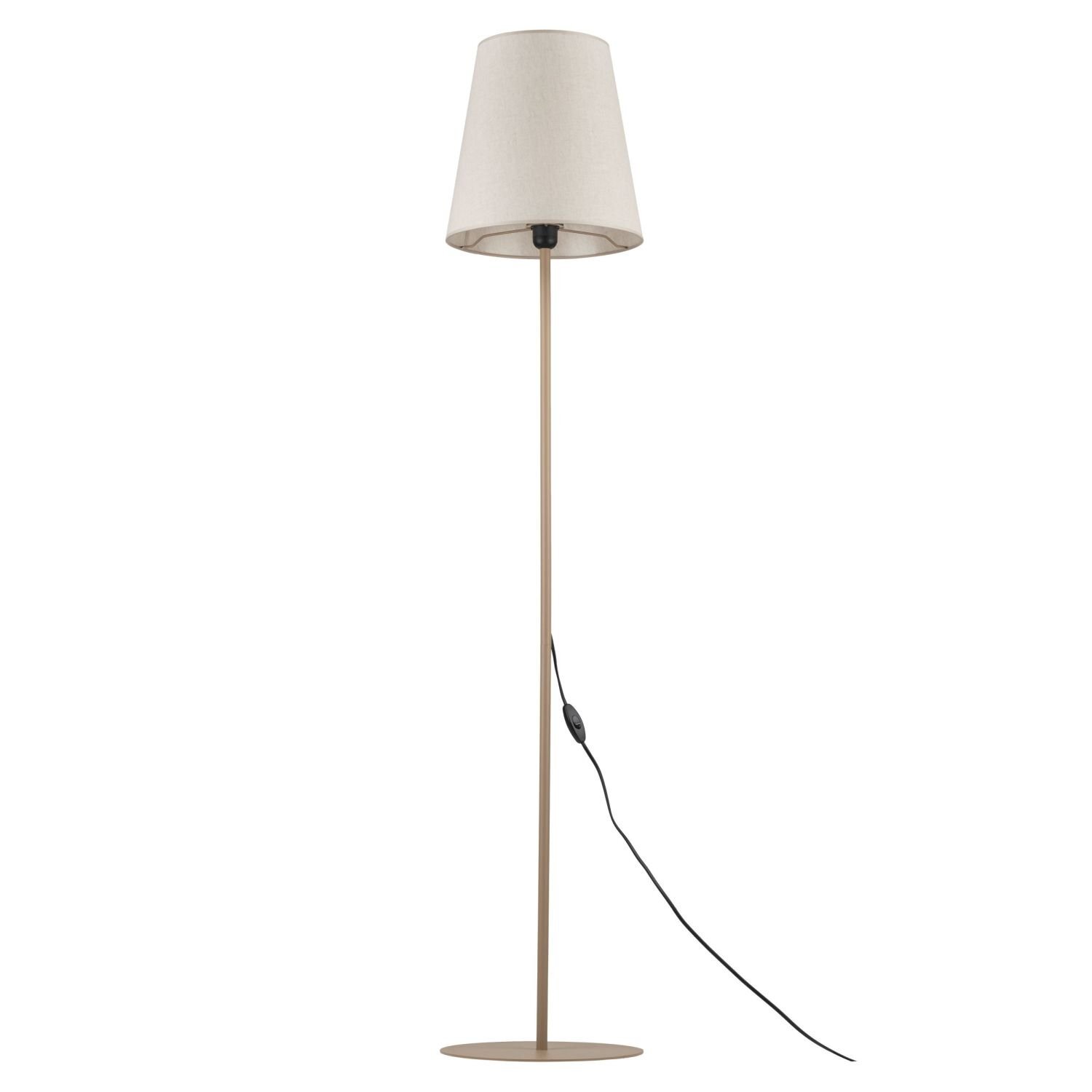 Beżowa lampa podłogowa z lnianym kloszem i metalową podstawą. Posiada czarny przewód z włącznikiem.