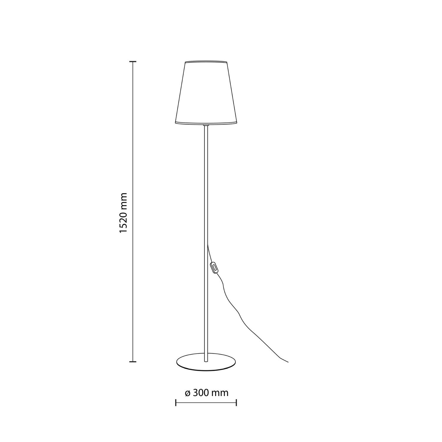 Schematyczny rysunek lampy podłogowej z kloszem w kształcie stożka, metalowym stelażem i okrągłą podstawą. Wymiary: wysokość 1520 mm, średnica podstawy 300 mm.