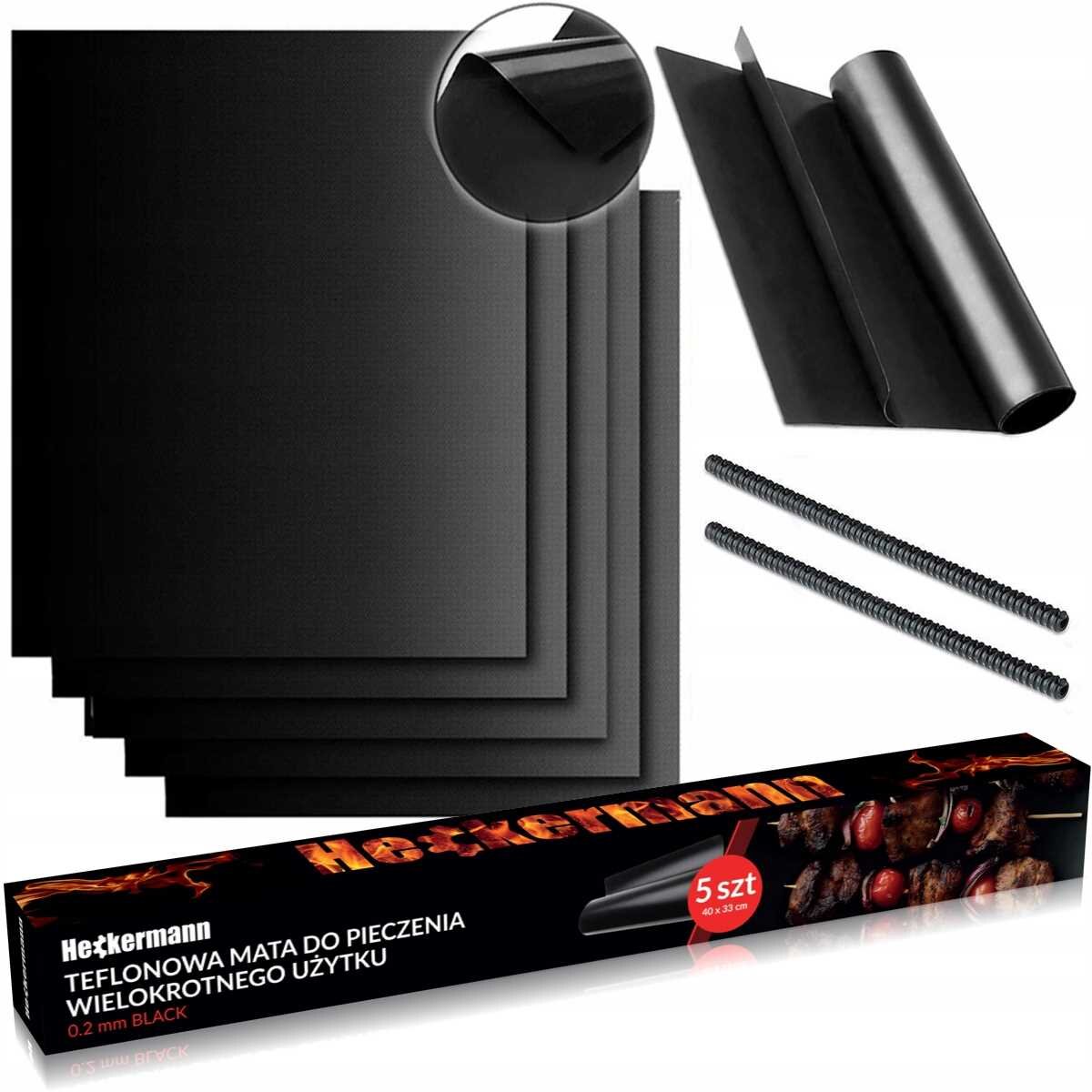 Na obrazie widoczne są czarne maty grillowe oraz ich opakowanie z napisem \'Heckermann TEFLONOWA MATA DO PIECZENIA WIELOKROTNEGO UŻYTKU 0.2 mm BLACK\'.