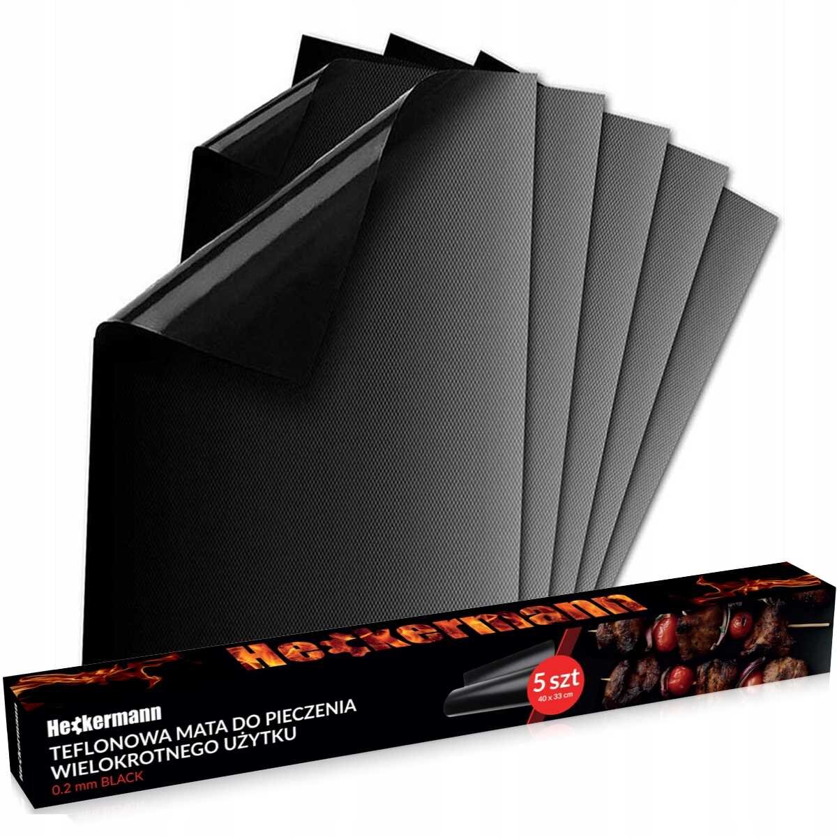 Na obrazie widoczne są czarne maty grillowe ułożone w wachlarz oraz opakowanie z napisem \'Hextermann TEFLONOWA MATA DO PIECZENIA WIELOKROTNEGO UŻYTKU 0.2 mm BLACK\'.