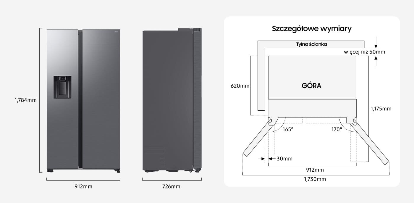 wymiary lodówki Samsung rs70f65keteo Obraz przedstawia lodówkę w kolorze stali szczotkowanej z podajnikiem wody na drzwiach. Obok znajduje się schemat z wymiarami: wysokość 1784 mm, szerokość 912 mm, głębokość 726 mm oraz szczegółowe wymiary montażowe.