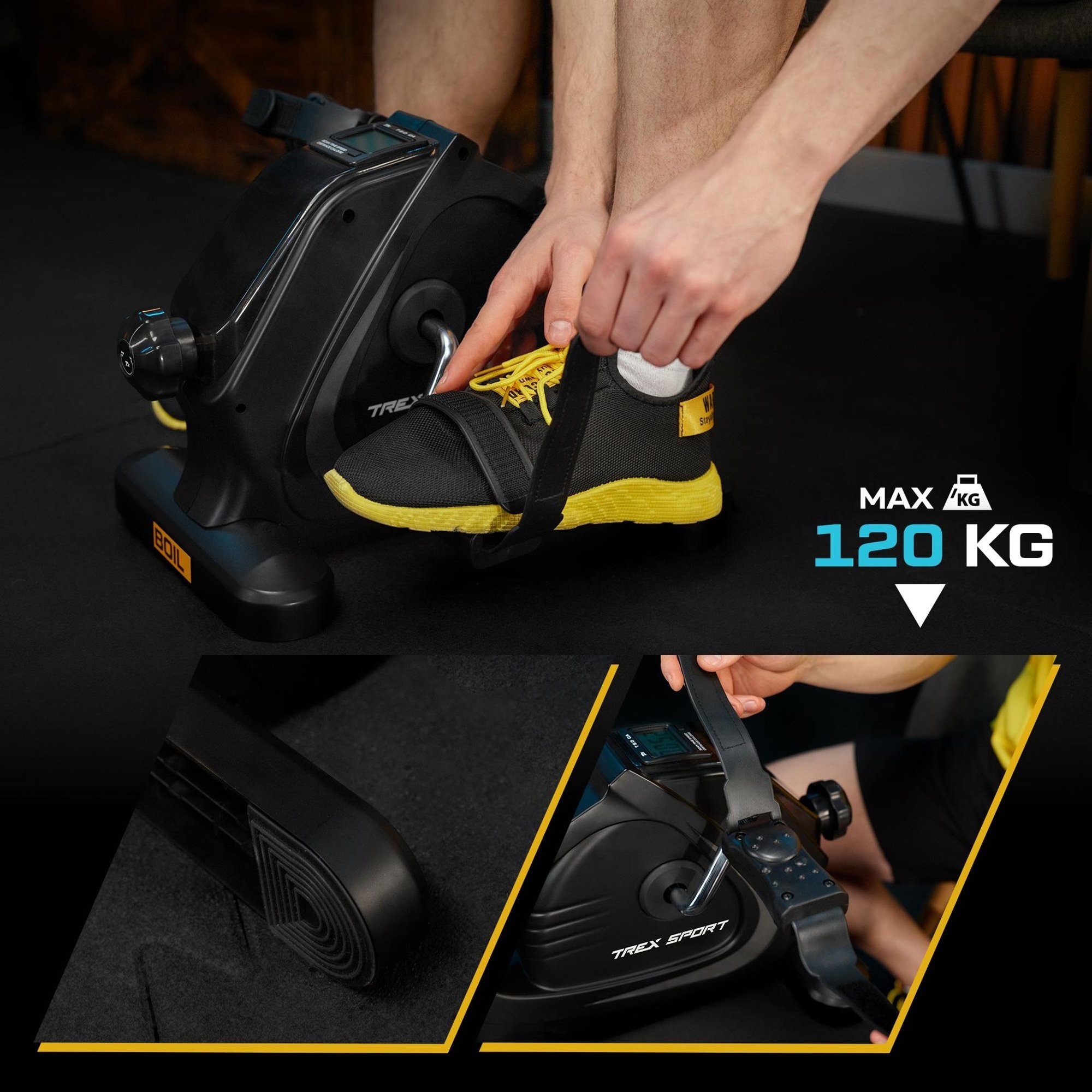 Osoba zakłada pasek na stopę na mini rowerze treningowym BOIL TX-120BB w kolorze czarnym. Widoczny jest napis \'MAX 120 KG\' oraz logo \'TREX SPORT\'.