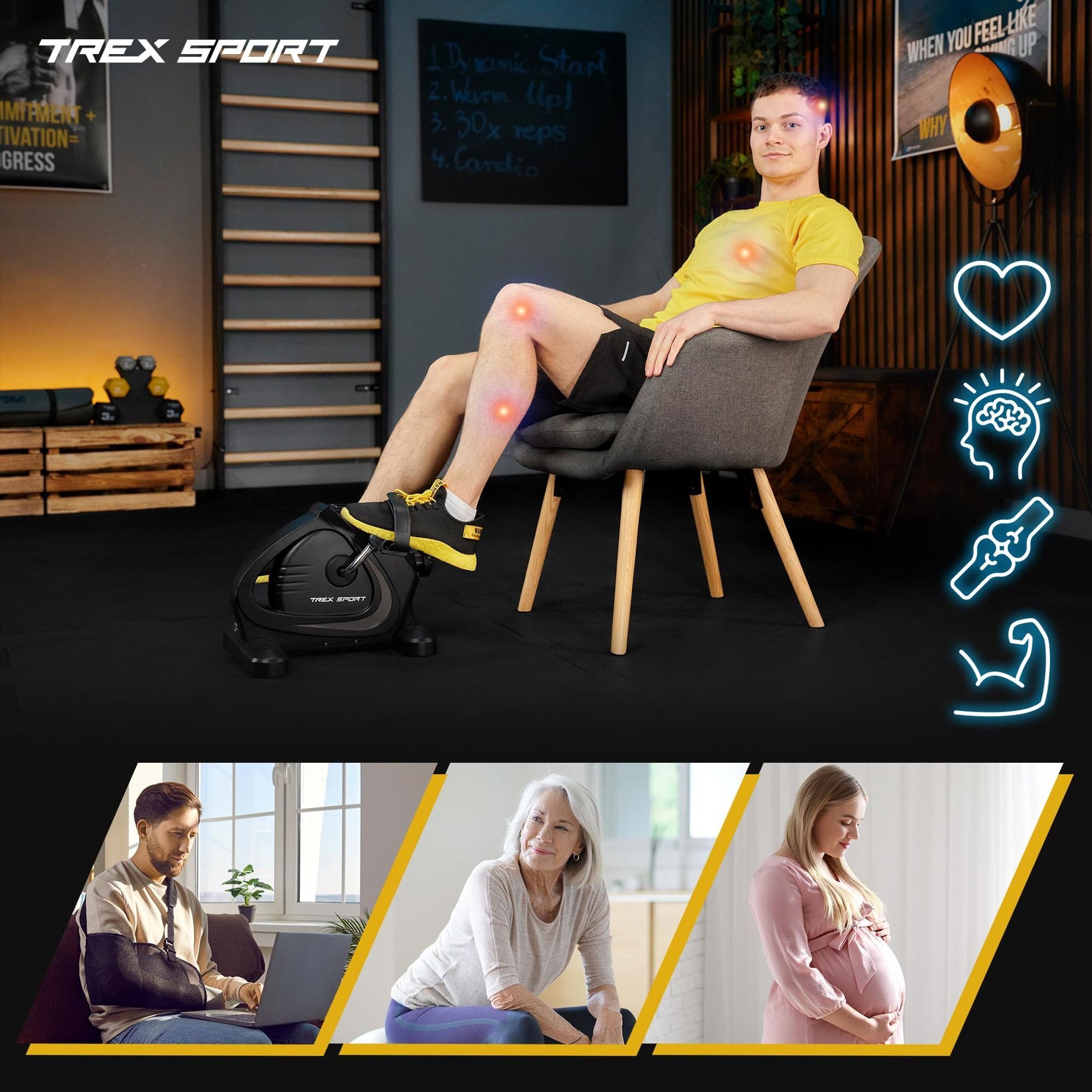 Osoba siedzi na krześle, używając mini roweru treningowego marki TREX SPORT. Obok widoczne są ikony symbolizujące serce, mózg, staw i mięsień.