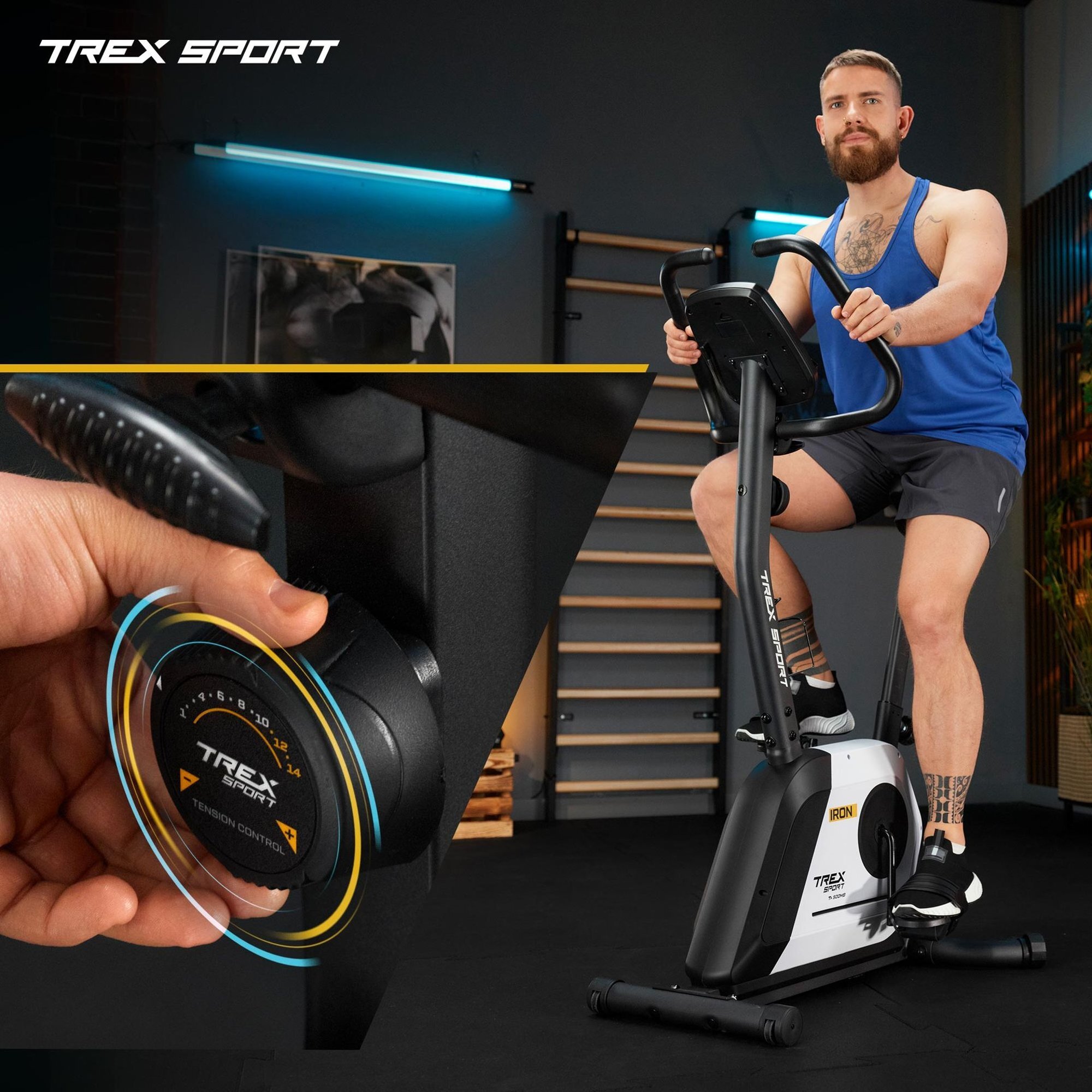 Mężczyzna ćwiczy na białym rowerze stacjonarnym z logo \'TREX SPORT\'. W zbliżeniu widoczna jest ręka regulująca pokrętło z napisem \'TENSION CONTROL\'.