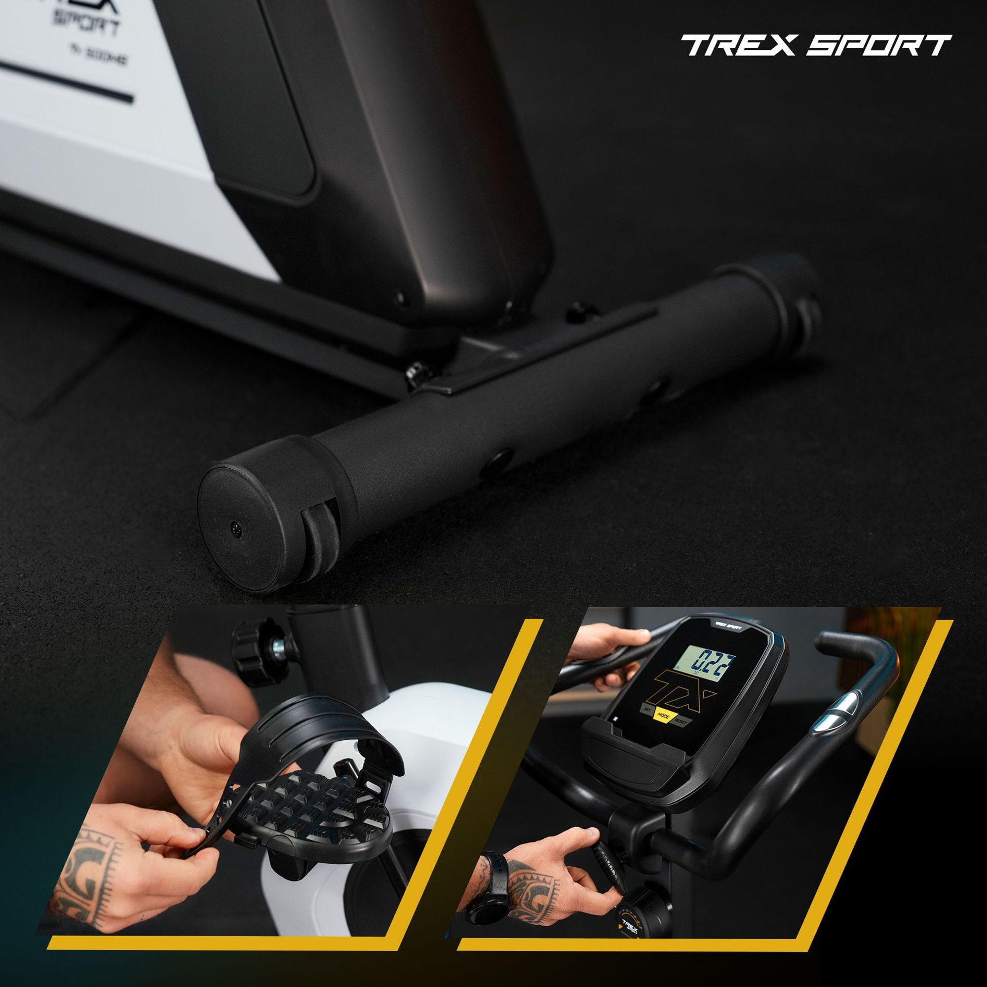 Obraz przedstawia fragment roweru stacjonarnego z widocznym pedałem z paskiem oraz wyświetlaczem z napisem \'12.2\'. W górnym rogu znajduje się logo \'TREX SPORT\'.