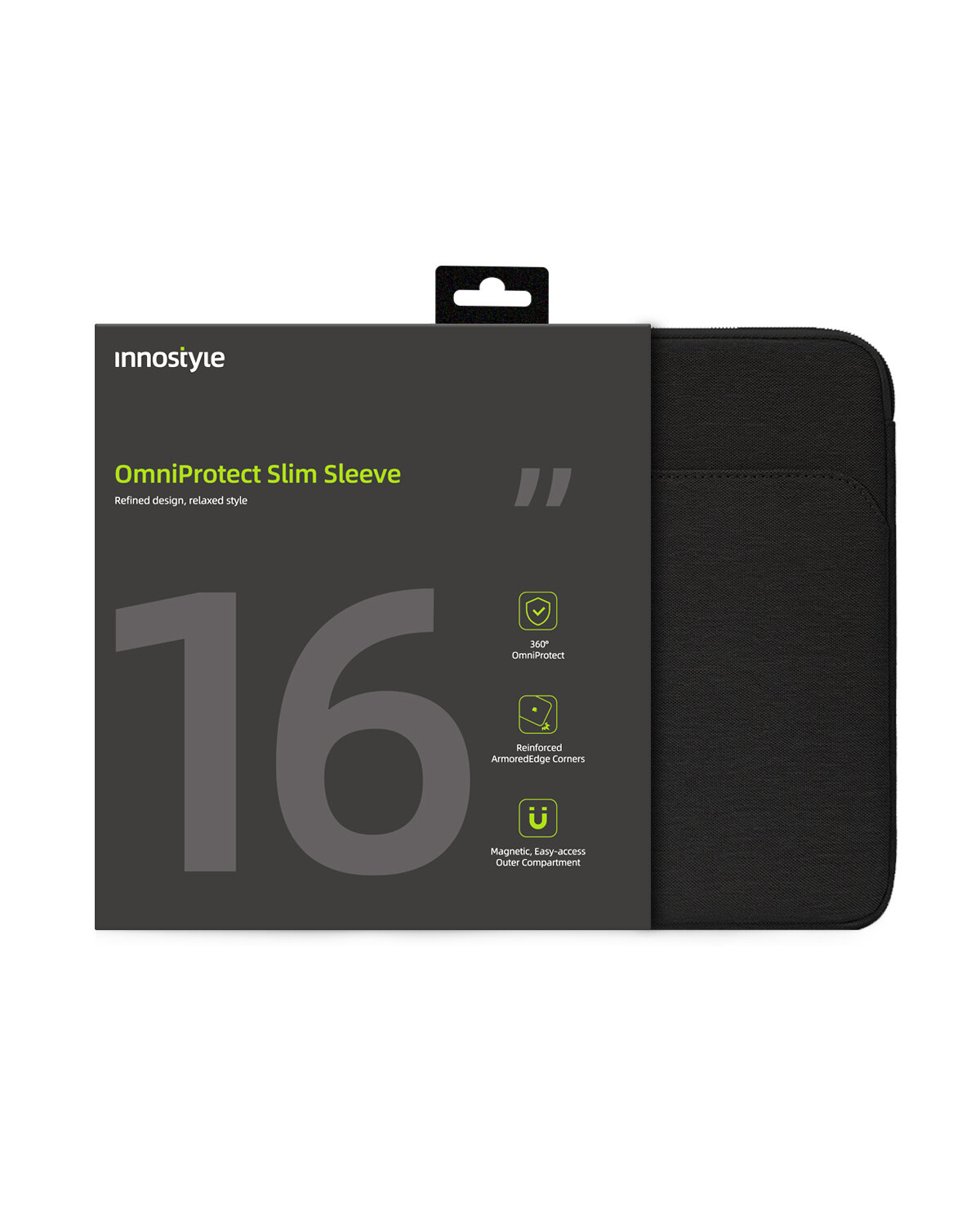 Czarna torba na laptopa z etykietą \'Innostyle OmniProtect Slim Sleeve\' oraz dużym napisem \'16\'. Etykieta zawiera informacje: \'360° OmniProtect\', \'Reinforced ArmoredEdge Corners\', \'Magnetic, Easy-access Outer Compartment\'.