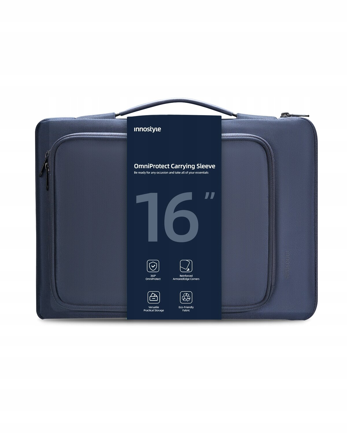 Na obrazie widoczna jest granatowa torba na laptopa z etykietą \'innostyle OmniProtect Carrying Sleeve 16\