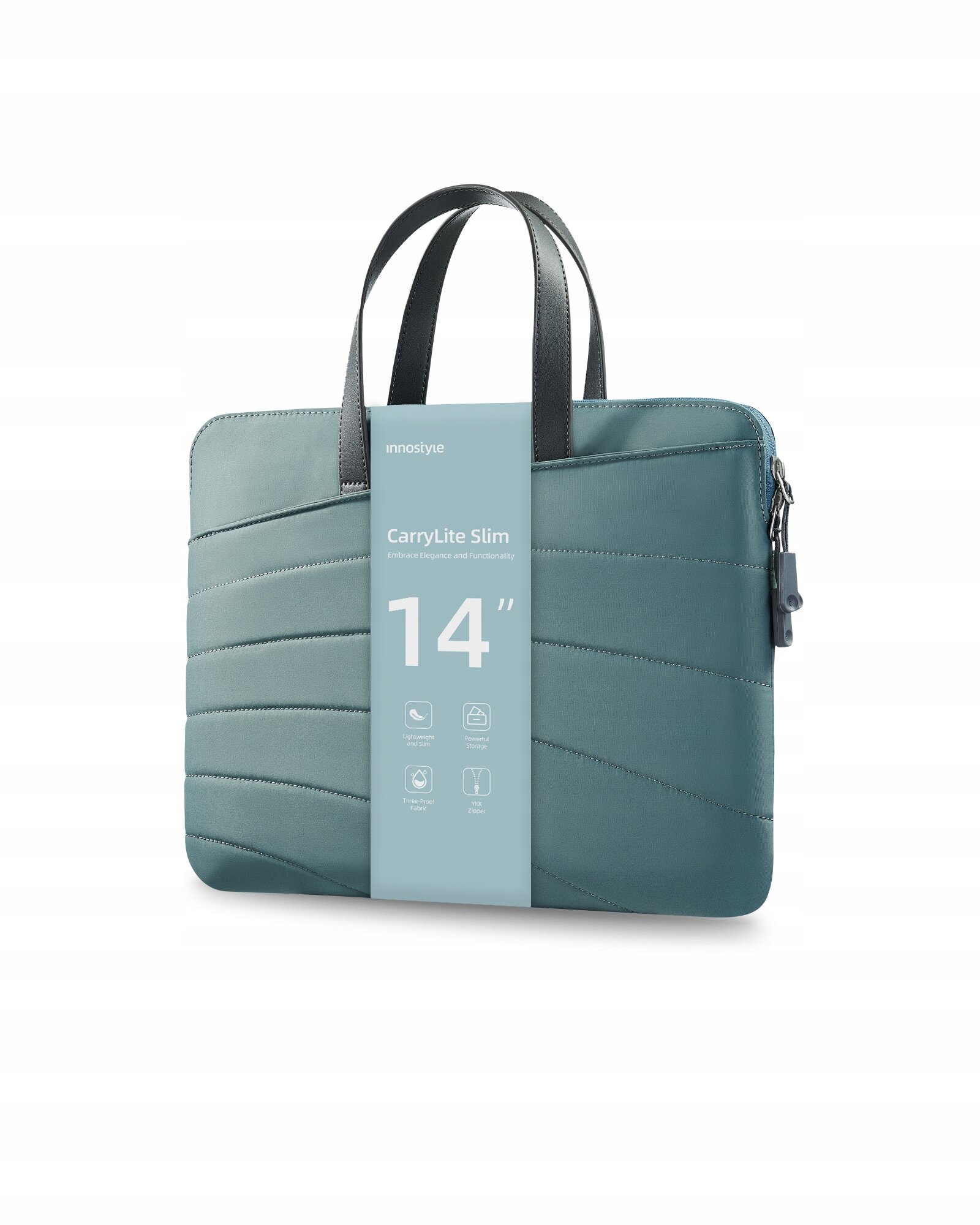 Zielona torba na laptopa z czarnymi uchwytami, oznaczona etykietą \'innostyle CarryLite Slim 14\
