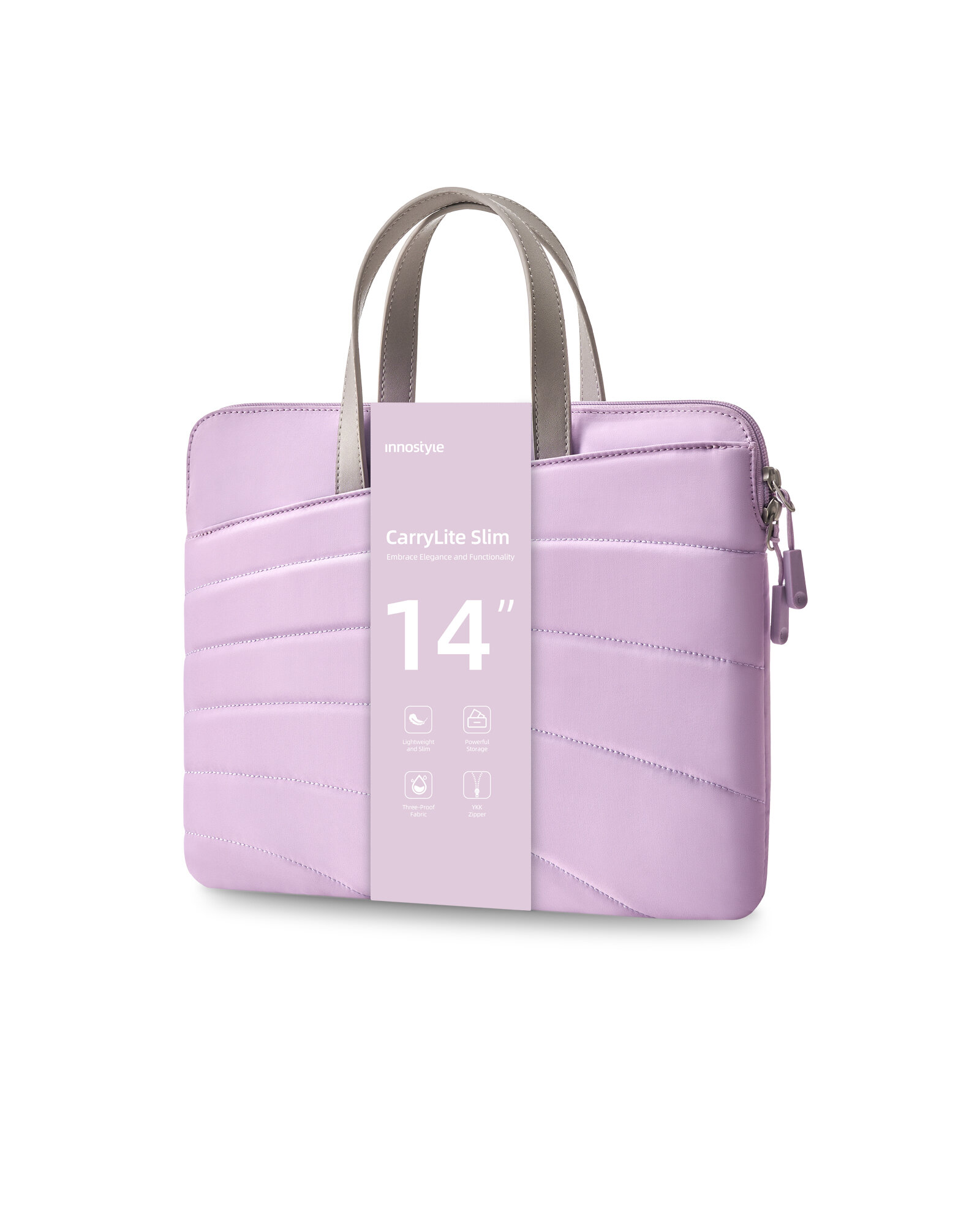 Fioletowa torba na laptopa z szarymi uchwytami, oznaczona jako \'CarryLite Slim 14\