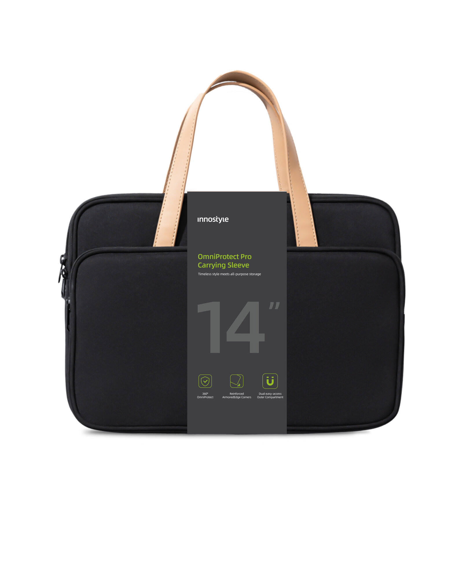 Czarna torba na laptopa z beżowymi uchwytami, oznaczona jako \'OmniProtect Pro Carrying Sleeve 14\