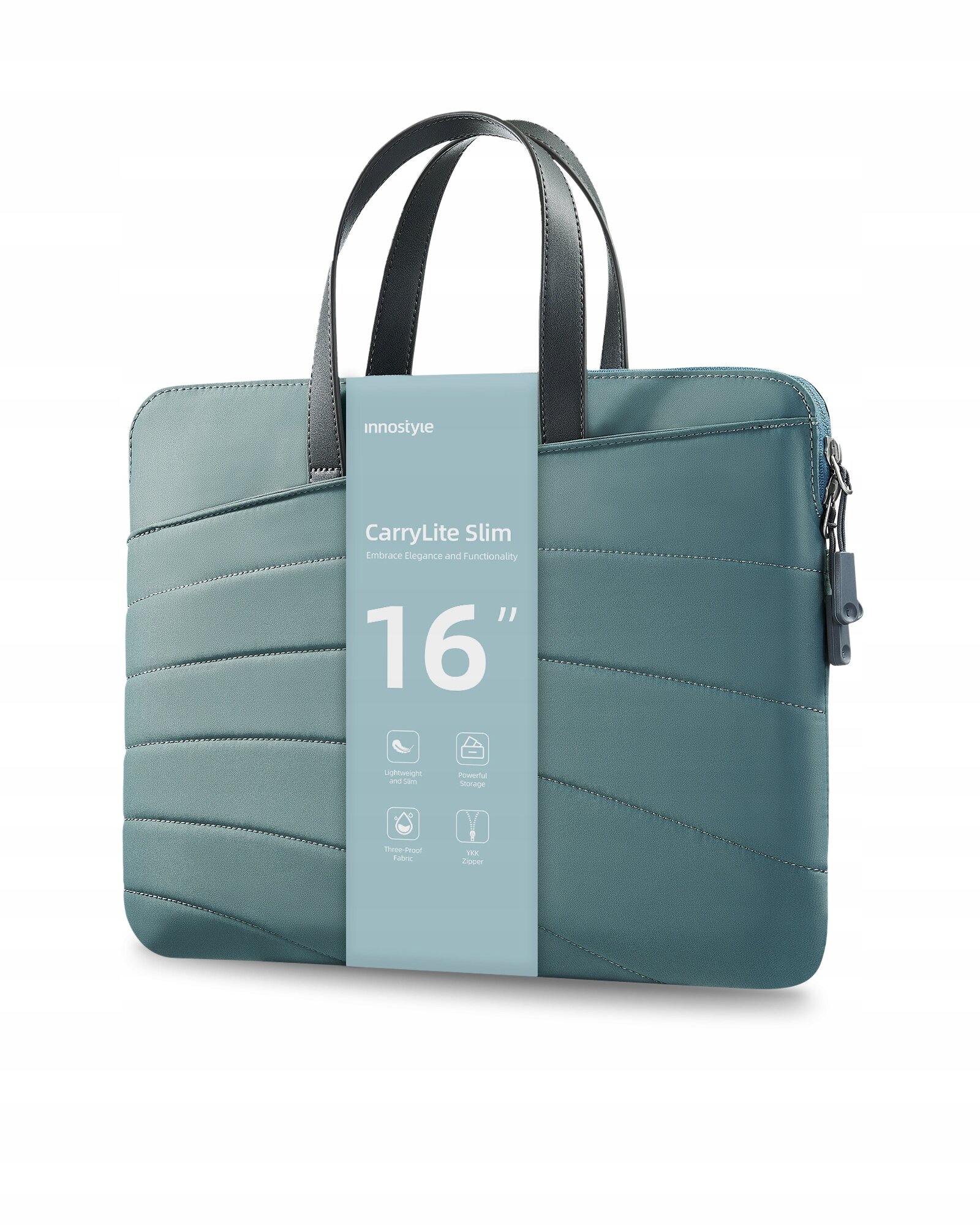 Zielona torba na laptopa z czarnymi uchwytami, oznaczona jako \'Innostyle CarryLite Slim 16\