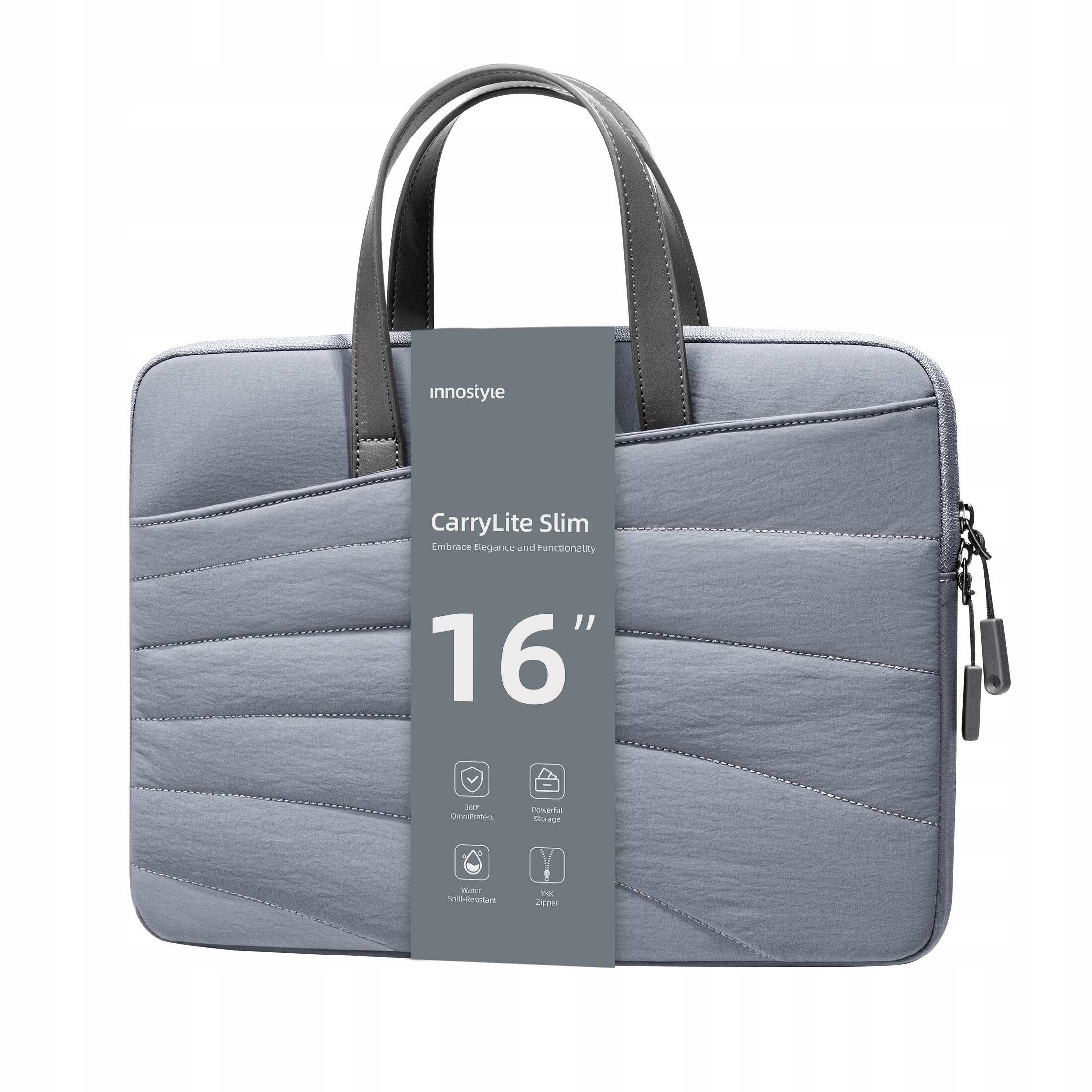 Szara torba na laptopa z dwoma uchwytami, oznaczona jako \'innostyle CarryLite Slim 16\