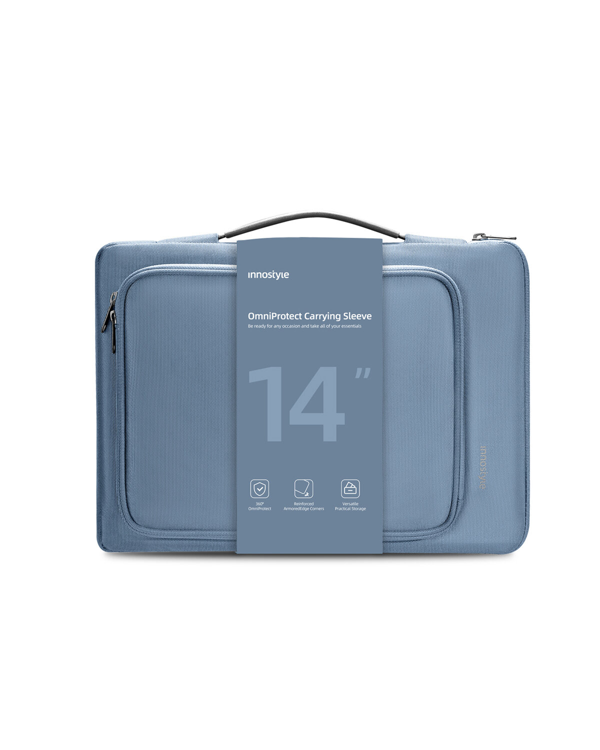 Na obrazie widoczna jest niebieska torba na laptopa z etykietą \'innostyle OmniProtect Carrying Sleeve 14\