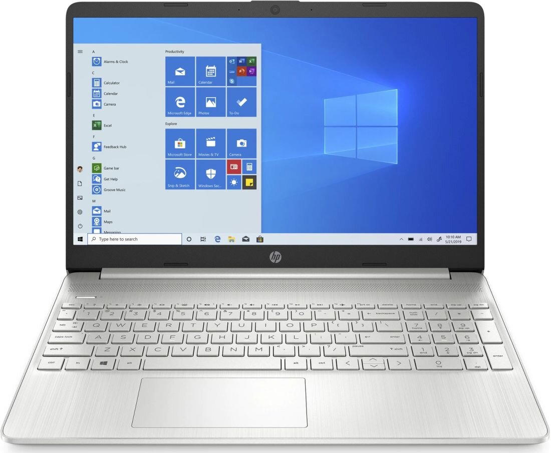 Laptop z ekranem wyświetlającym interfejs systemu Windows z ikonami aplikacji. Na obudowie widoczne jest logo HP.