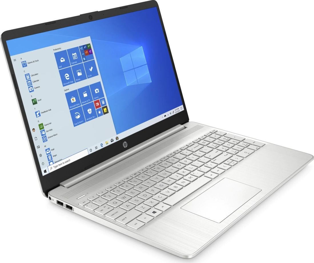 Laptop z otwartym ekranem, na którym widoczny jest pulpit systemu Windows 11 z ikonami aplikacji. Obudowa i klawiatura są w jasnym kolorze, a na obudowie znajduje się logo HP.