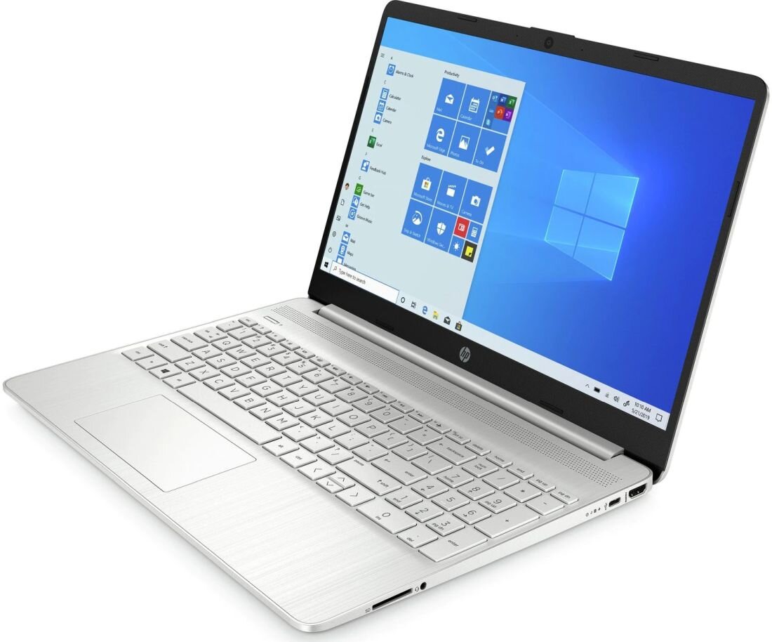 Na obrazie widoczny jest srebrny laptop z otwartym ekranem, na którym wyświetlany jest pulpit systemu Windows 11. Na obudowie laptopa znajduje się logo HP.