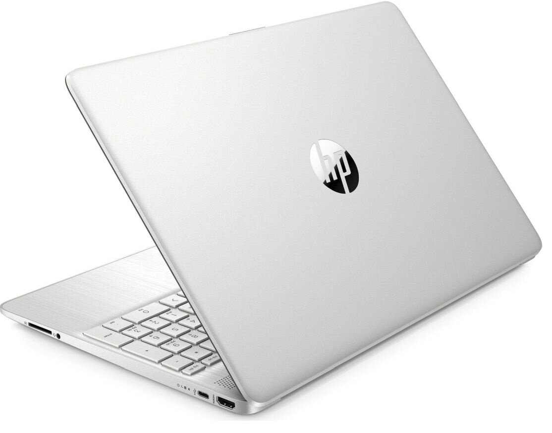 Srebrny laptop z widocznym logo \'hp\' na pokrywie. Klawiatura jest częściowo widoczna, a obudowa ma metaliczne wykończenie.