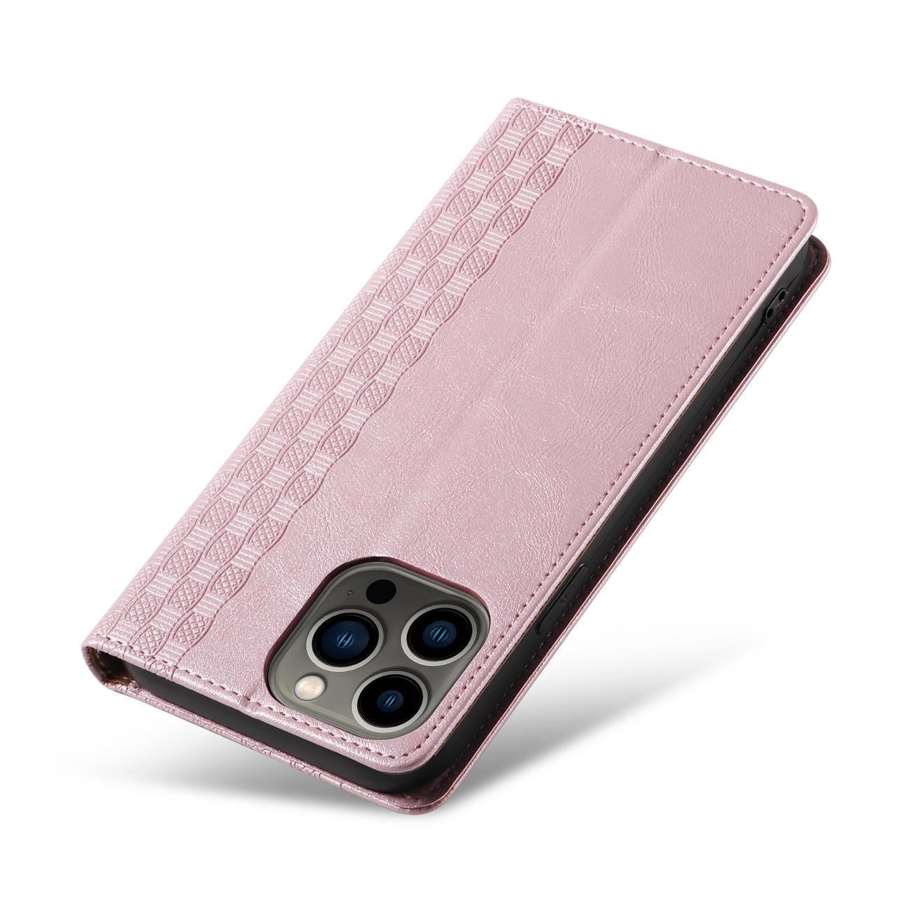 Różowe etui na telefon z klapką, posiadające wzór w formie geometrycznych kształtów oraz wycięcie na aparat z trzema obiektywami i lampą błyskową.