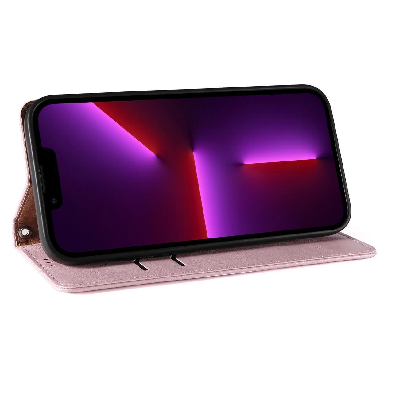 Etui w kolorze różowym z funkcją podstawki, w którym umieszczony jest telefon z wyświetlaczem pokazującym abstrakcyjny wzór w odcieniach fioletu i czerwieni.