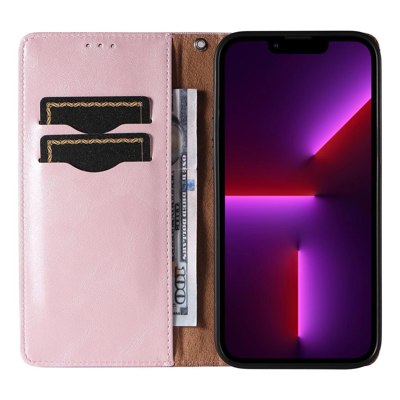 Różowe etui na telefon z klapką, posiada dwie kieszonki na karty oraz miejsce na banknoty. Obok znajduje się telefon z wyświetlaczem pokazującym abstrakcyjny wzór w odcieniach fioletu i czerwieni.