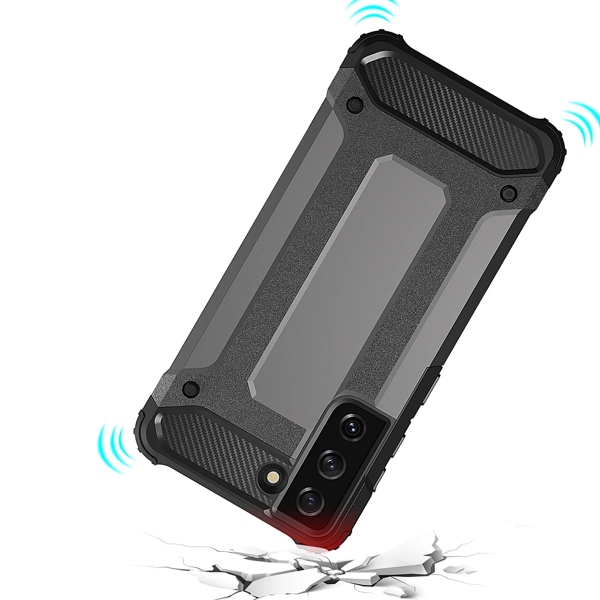 Obraz przedstawia czarne, pancerne etui na telefon z trzema widocznymi obiektywami aparatu. Etui jest pokazane w dynamicznej pozie, sugerującej odporność na upadki, z efektem pęknięcia podłoża.