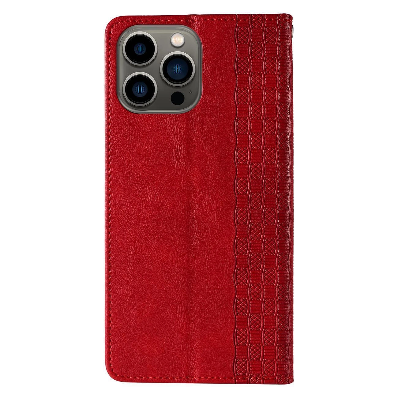 Czerwone etui na telefon z klapką, posiadające teksturowany wzór po jednej stronie. Widoczne są trzy obiektywy aparatu telefonu umieszczone w górnym rogu.