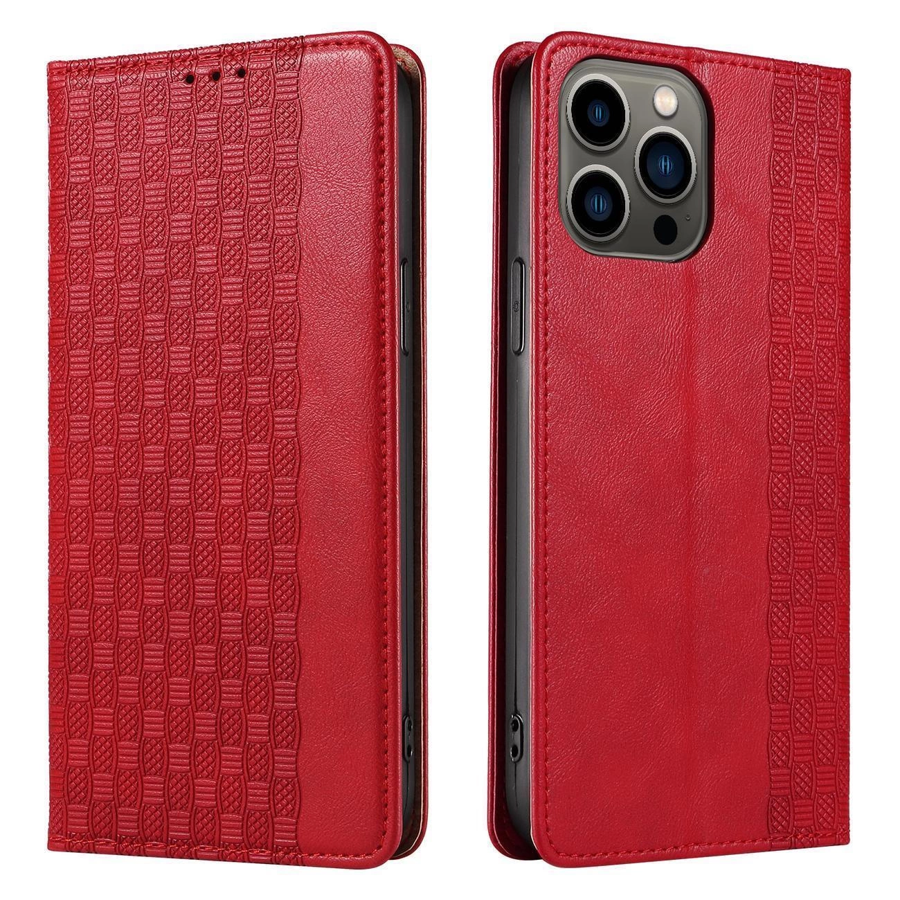Czerwone etui na telefon z klapką, posiada wzór geometryczny na powierzchni. Widoczne są otwory na aparat i przyciski boczne.