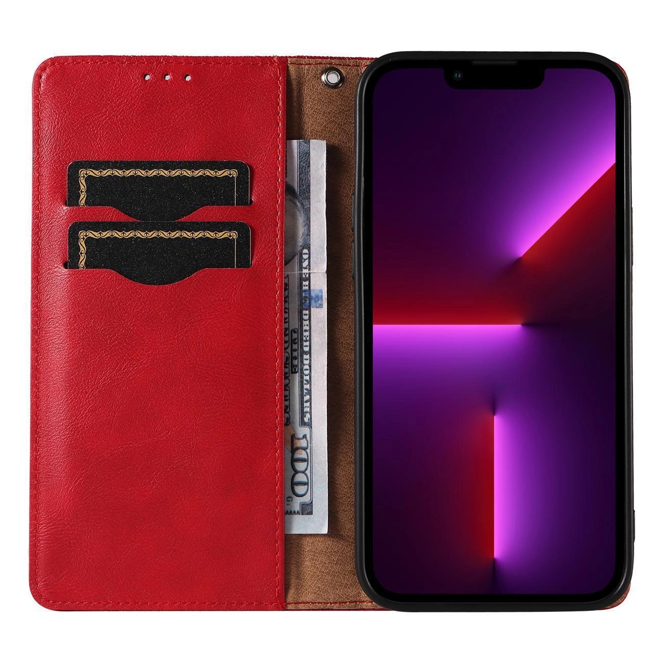Czerwone etui z klapką na telefon, z miejscem na karty i banknoty. Obok znajduje się telefon z wyświetlaczem pokazującym abstrakcyjny wzór w odcieniach fioletu i czerwieni.