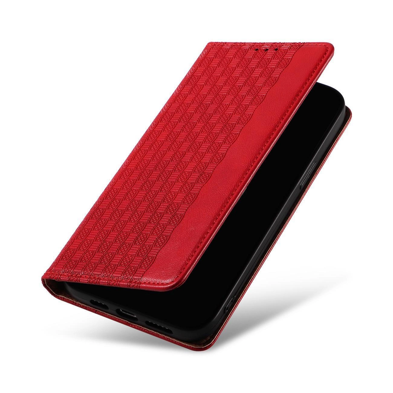 Czerwone etui na telefon z klapką, posiada wzór geometryczny na powierzchni. Etui jest lekko otwarte, ukazując czarną powierzchnię wewnętrzną.