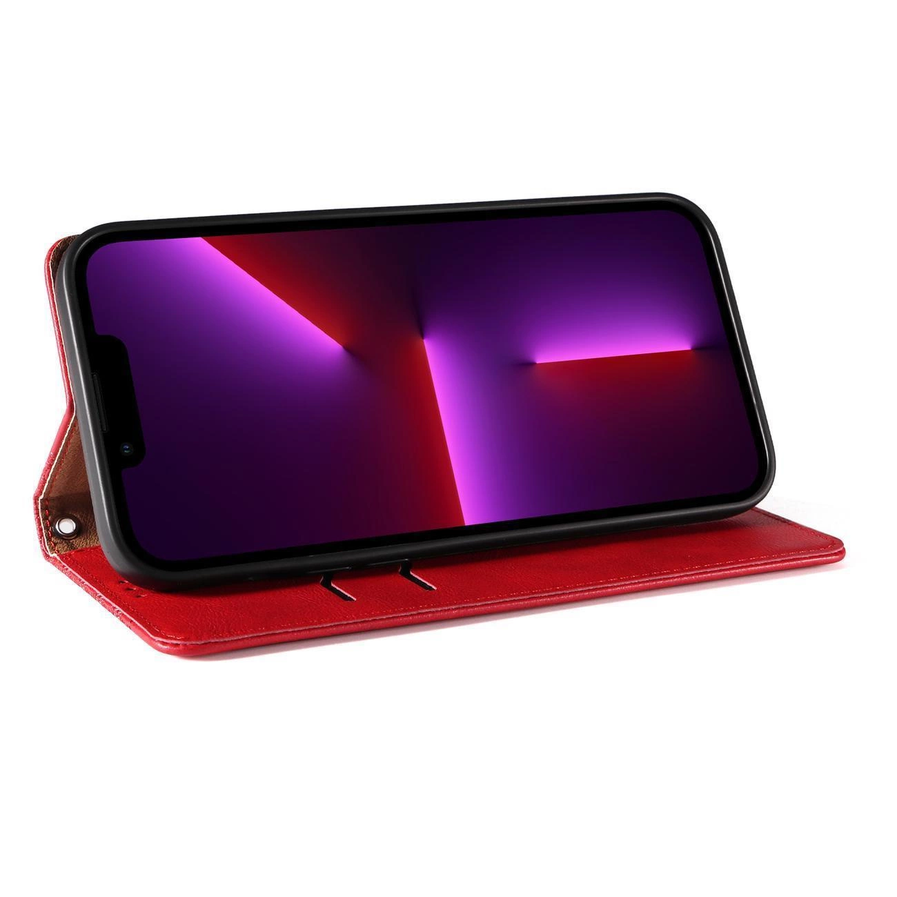 Czerwone etui na telefon z klapką, ustawione w pozycji poziomej jako podstawka. Na ekranie telefonu widoczny jest abstrakcyjny wzór z fioletowymi i czerwonymi światłami.