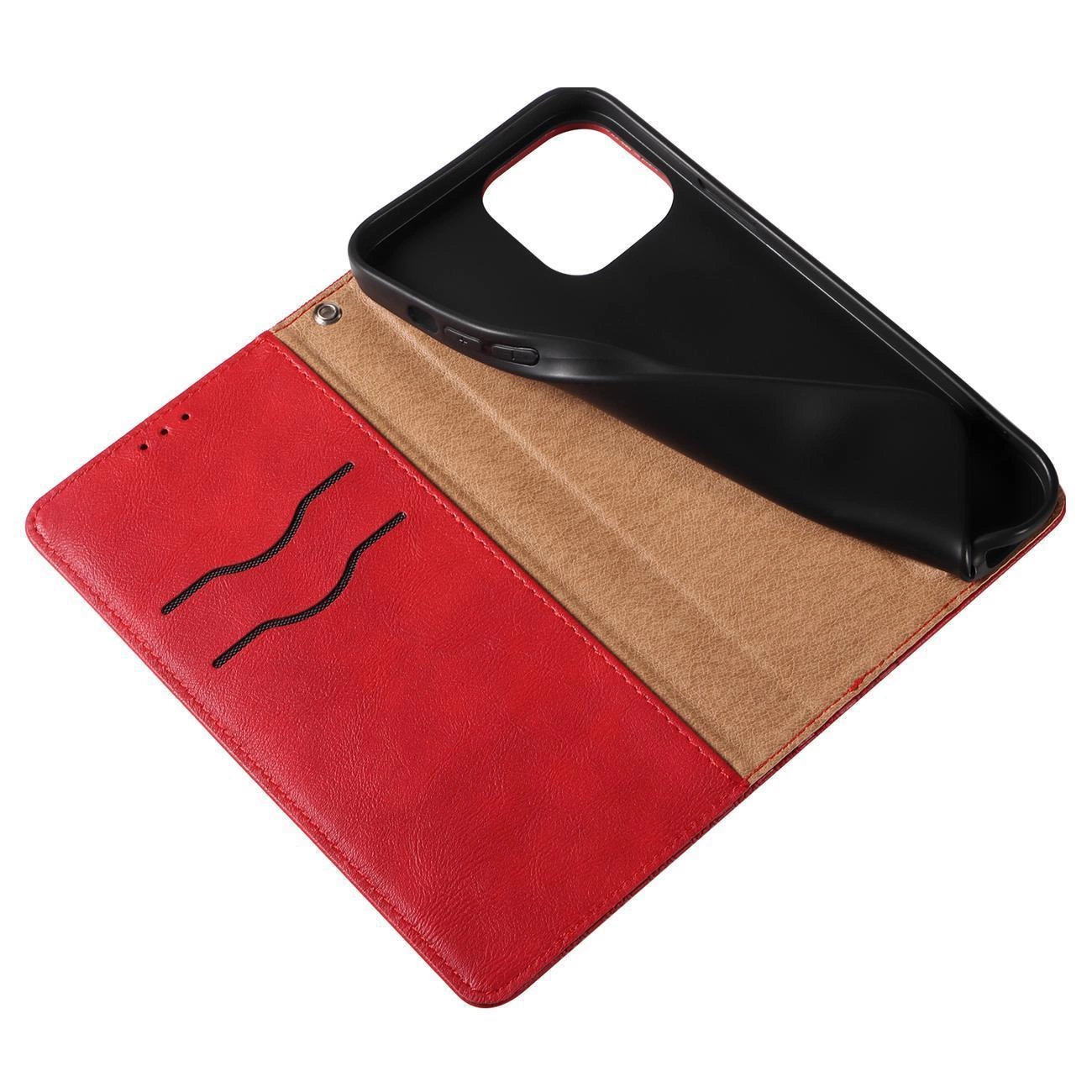 Czerwone etui na telefon z klapką, wewnątrz posiada miejsce na karty oraz czarną wkładkę na telefon. Etui ma funkcję podstawki i jest wykonane z materiału imitującego skórę.