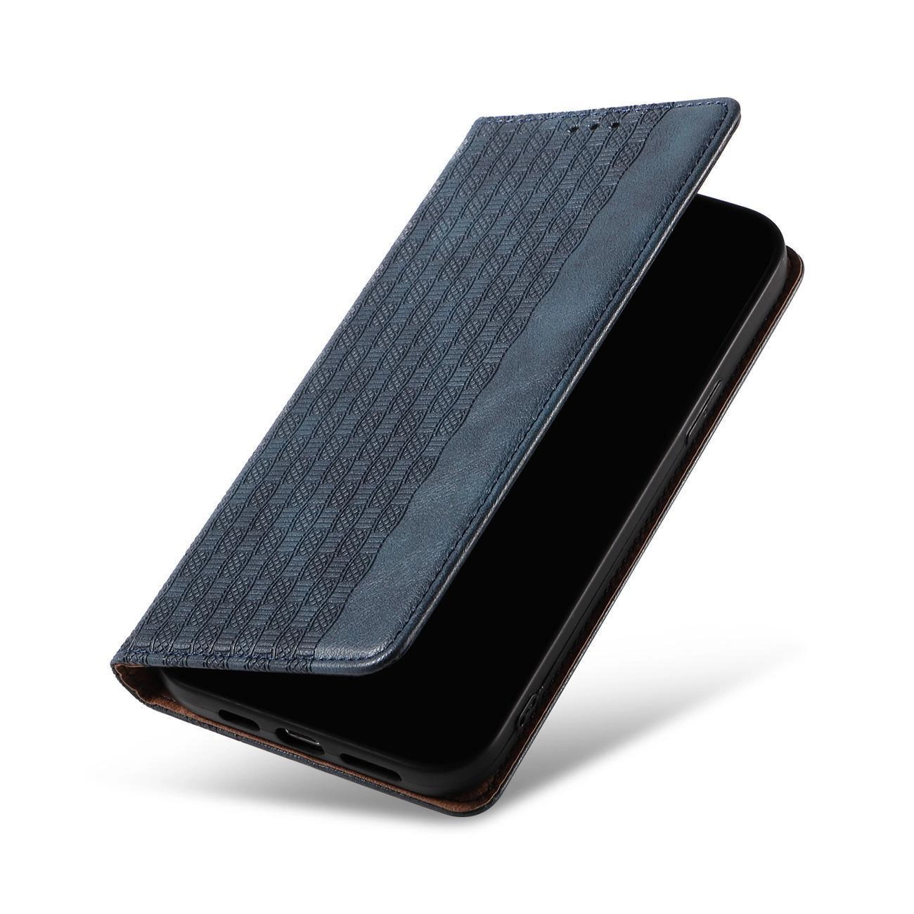 Niebieskie etui na telefon z klapką, posiadające wzór na powierzchni. Etui jest częściowo otwarte, ukazując czarną powierzchnię wewnętrzną.