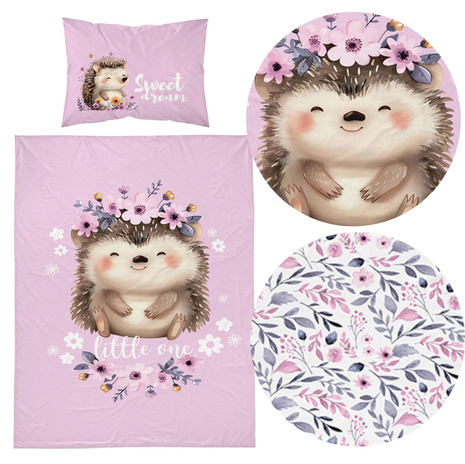 Pościel dziecięca w kolorze różowym z motywem jeża ozdobionego kwiatami i napisem \'little one\'. Poduszka ma podobny wzór z napisem \'Sweet dream\'.