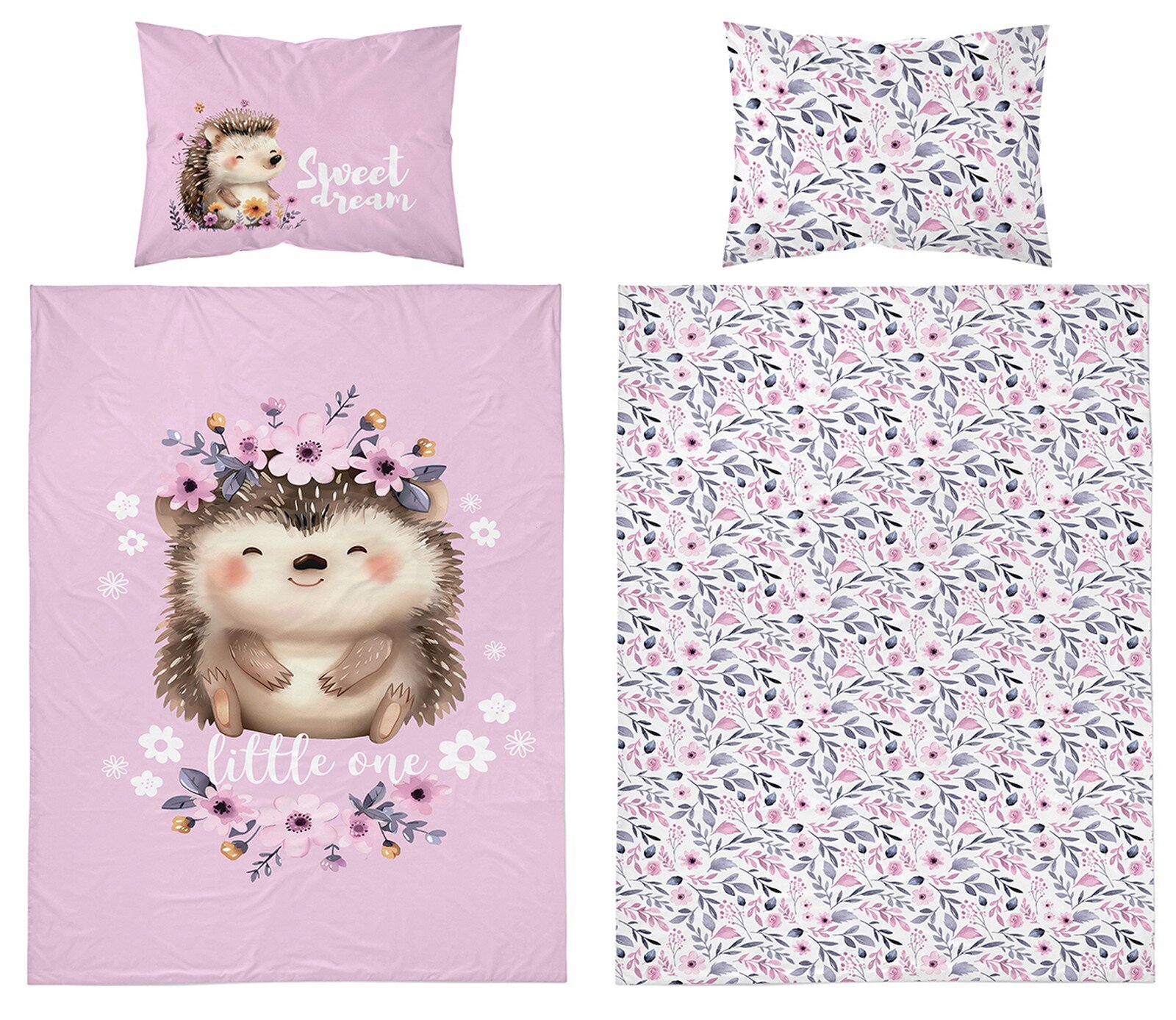 Komplet pościeli dziecięcej z motywem jeża i kwiatów na różowym tle. Na poduszce widoczny jest napis \'Sweet dream\'.