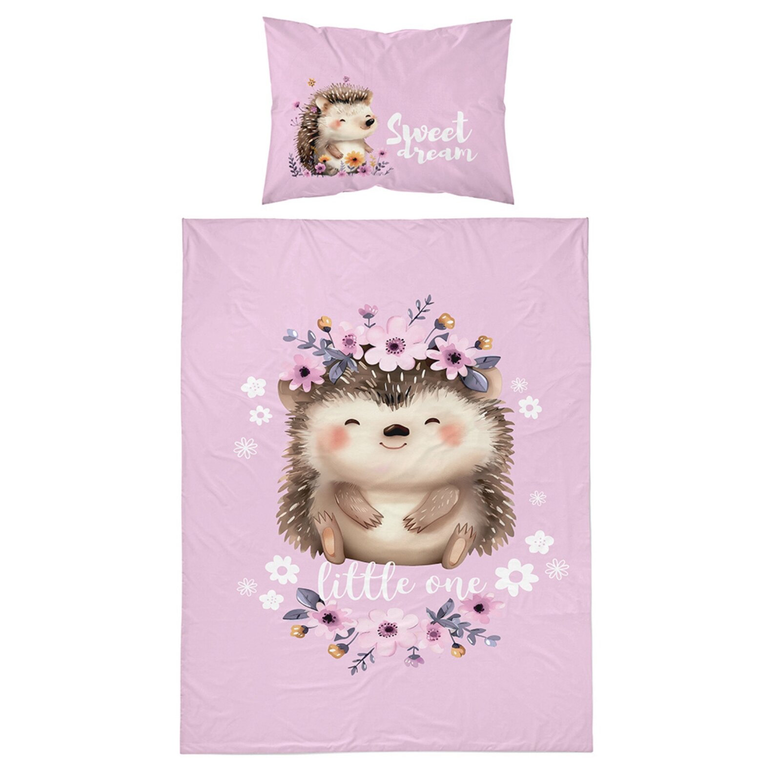 Pościel dziecięca w kolorze różowym z motywem jeża ozdobionego kwiatami. Na poduszce widnieje napis \'Sweet dream\', a na kołdrze \'little one\'.