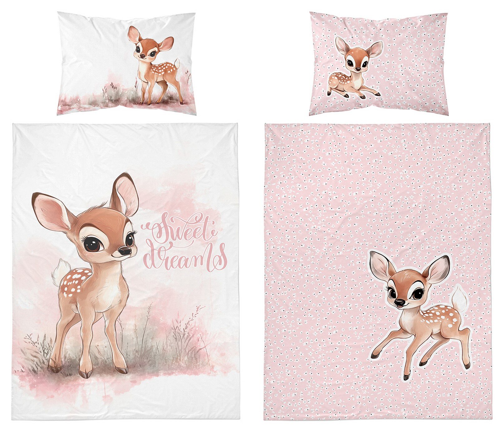 Komplet pościeli dziecięcej z motywem jelonka, składający się z poszewki na poduszkę i kołdrę. Na białym tle widnieje napis \'Sweet dreams\'.