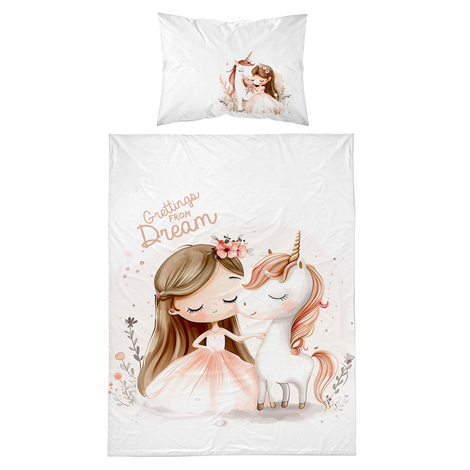 Pościel dziecięca z ilustracją dziewczynki w sukience i jednorożca, z napisem \'Greetings from Dream\'. Poduszka ma podobny wzór z dziewczynką i jednorożcem.