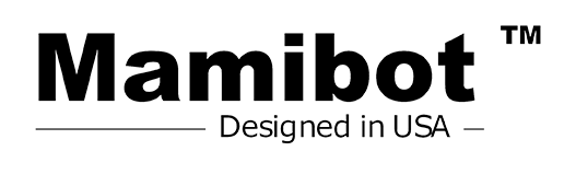 Logo z napisem \'Mamibot Designed in USA\' w czarnym kolorze na przezroczystym tle.