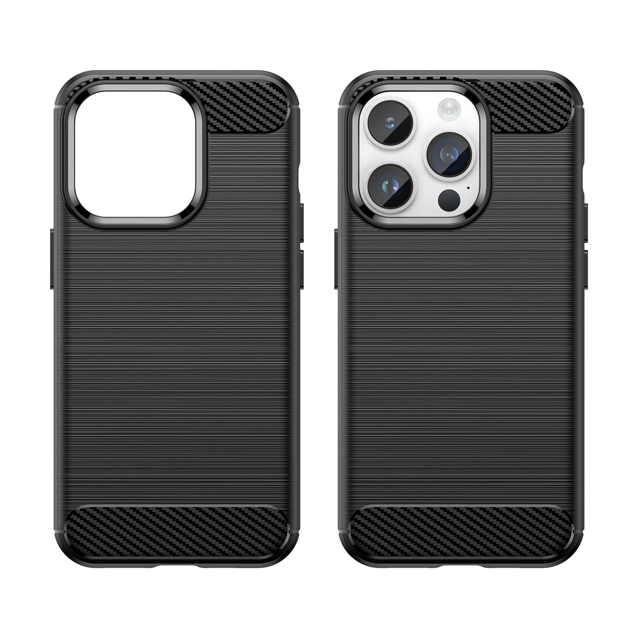 Obraz przedstawia czarne etui na telefon z teksturą przypominającą włókno węglowe, z wycięciami na aparat i przyciski. Etui jest elastyczne i żelowe, przeznaczone na tył telefonu.