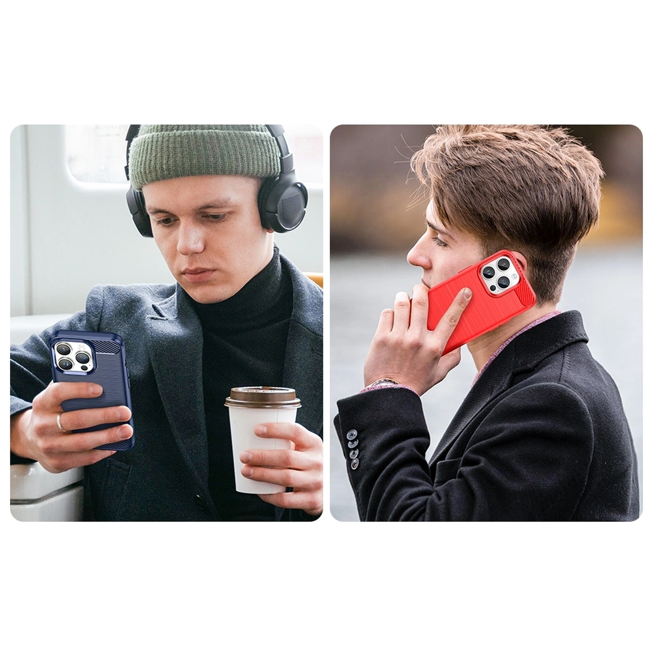 Na obrazie widać dwie osoby trzymające telefony w etui; jedna osoba trzyma telefon w ciemnym etui, a druga w czerwonym. Obie osoby są ubrane w ciemne płaszcze.