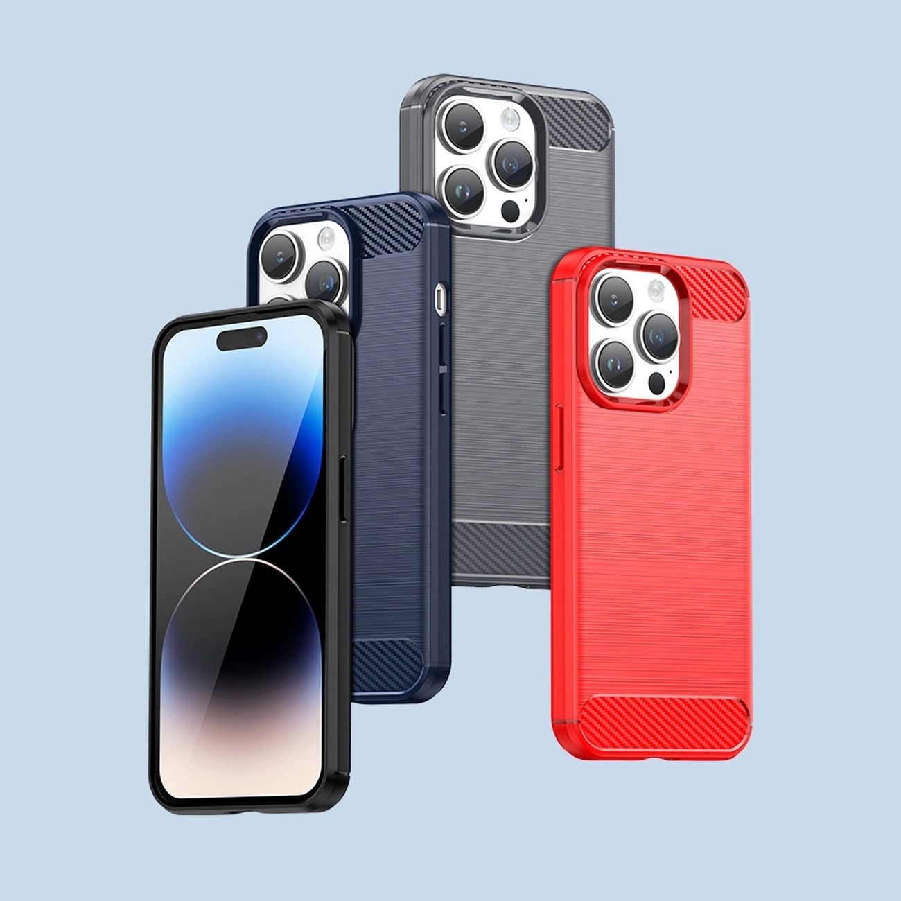 Na obrazie widoczne są trzy etui na telefon w kolorach czarnym, niebieskim i czerwonym, każde z wycięciem na aparat. Obok znajduje się telefon z wyświetlaczem pokazującym gradientowe tło.