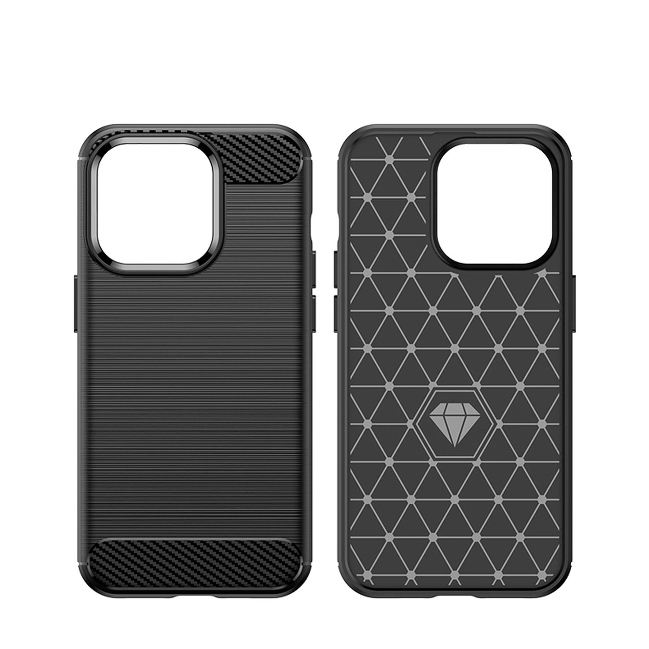 Obraz przedstawia dwa czarne etui na telefon z teksturą przypominającą włókno węglowe. Jedno etui ma wzór geometryczny z symbolem diamentu pośrodku.