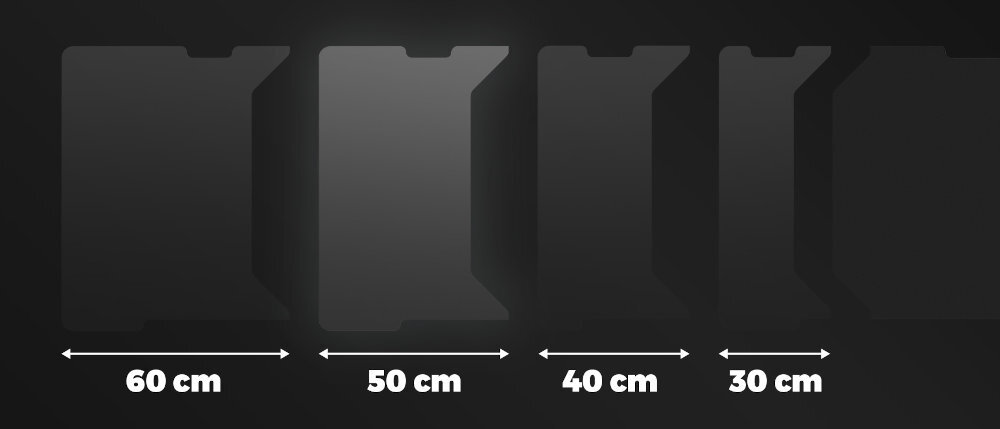 Obraz przedstawia cztery prostokątne kształty o różnych szerokościach: 60 cm, 50 cm, 40 cm i 30 cm, na ciemnym tle.