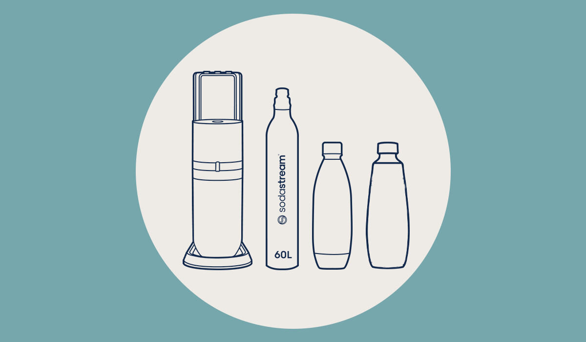 Ilustracja przedstawia saturator oraz trzy butelki. Na jednej z butelek widoczny jest napis \'sodastream 60L\'.